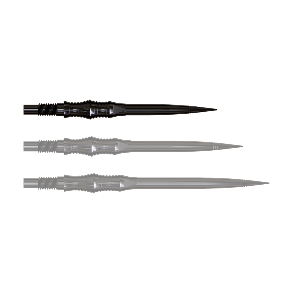 Harrows Quick Point Apex Spire Elite Series Dartspitzen - Schwarz Apex Spire Black Elite Serie Dartspitzen in 30mm sind abgebildet. Die Spitzen sind schmal und schwarz.