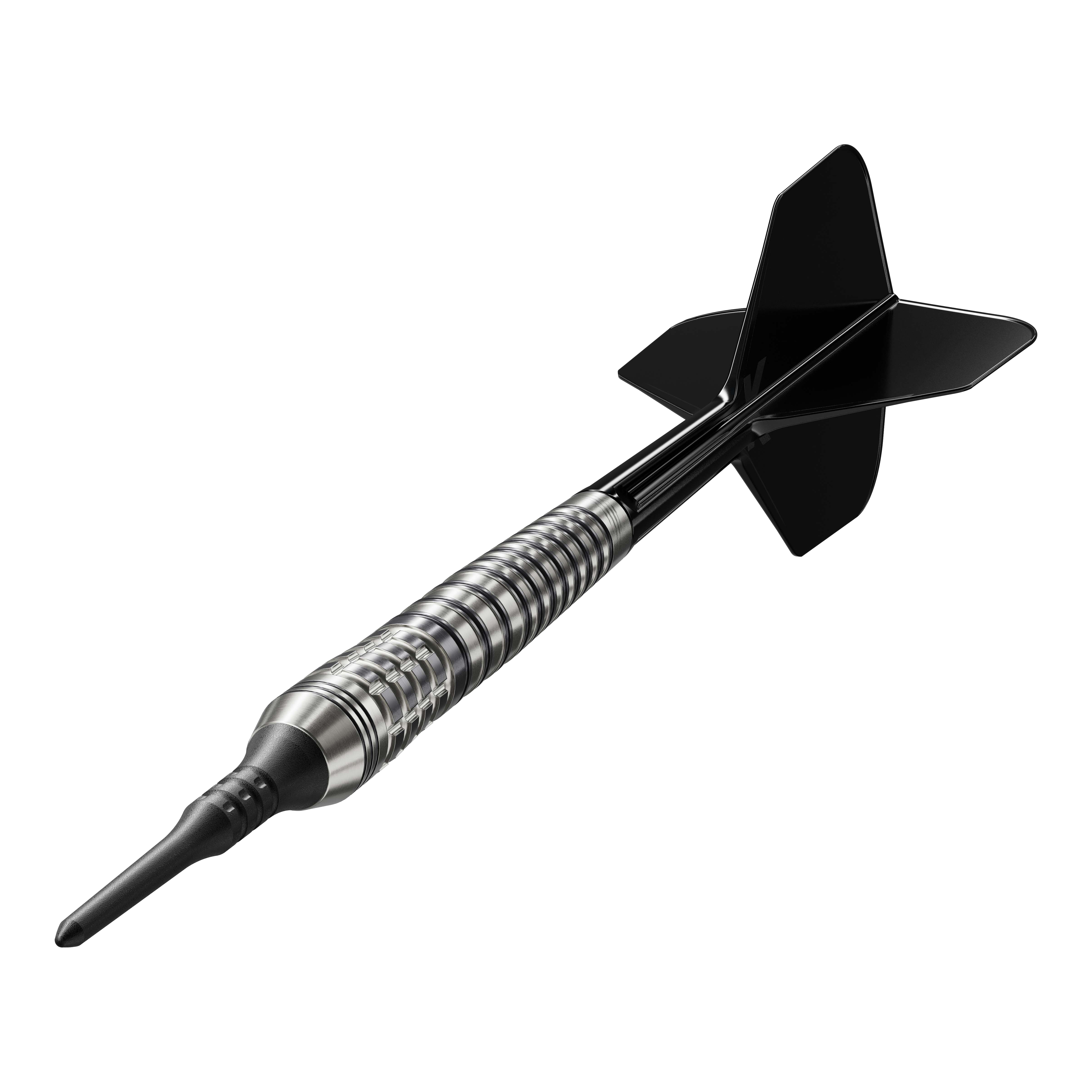 Das Bild zeigt einen Softdartpfeil mit schwarzer Spitze und schwarzen Flights. Es handelt sich um das Modell "Target Japan Black Marque Renegade 4 Softdarts - 19g".