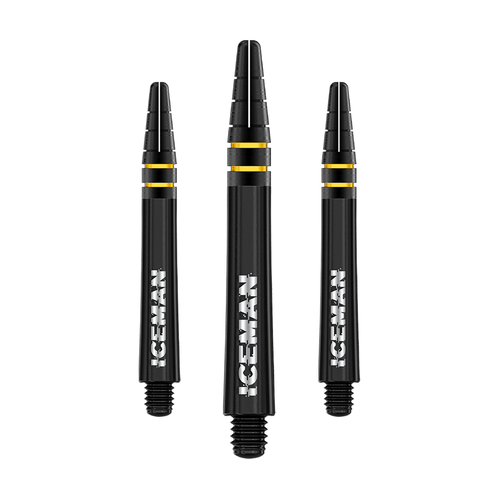 C818_Red_Dragon_Nitrotech_Gerwyn_Price_Shafts_Schwarz_39mm_1 Das Bild zeigt drei schwarze Dartschäfte mit goldenen Ringen und der weißen Aufschrift "ICEMAN". Es handelt sich um das Produkt "Red Dragon Nitrotech Gerwyn Price Shafts Schwarz - 39mm".