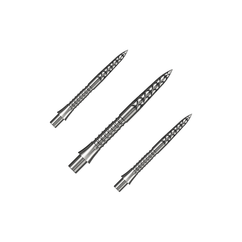 Hier ist ein Set silberner Steeldartspitzen mit 26 mm Länge zu sehen. Die Aufnahme basiert auf der Datei M002127_Missoin_Caliburn_EVO_GV-Logo_Steeldartspitzen_Silber_26mm_1Set.