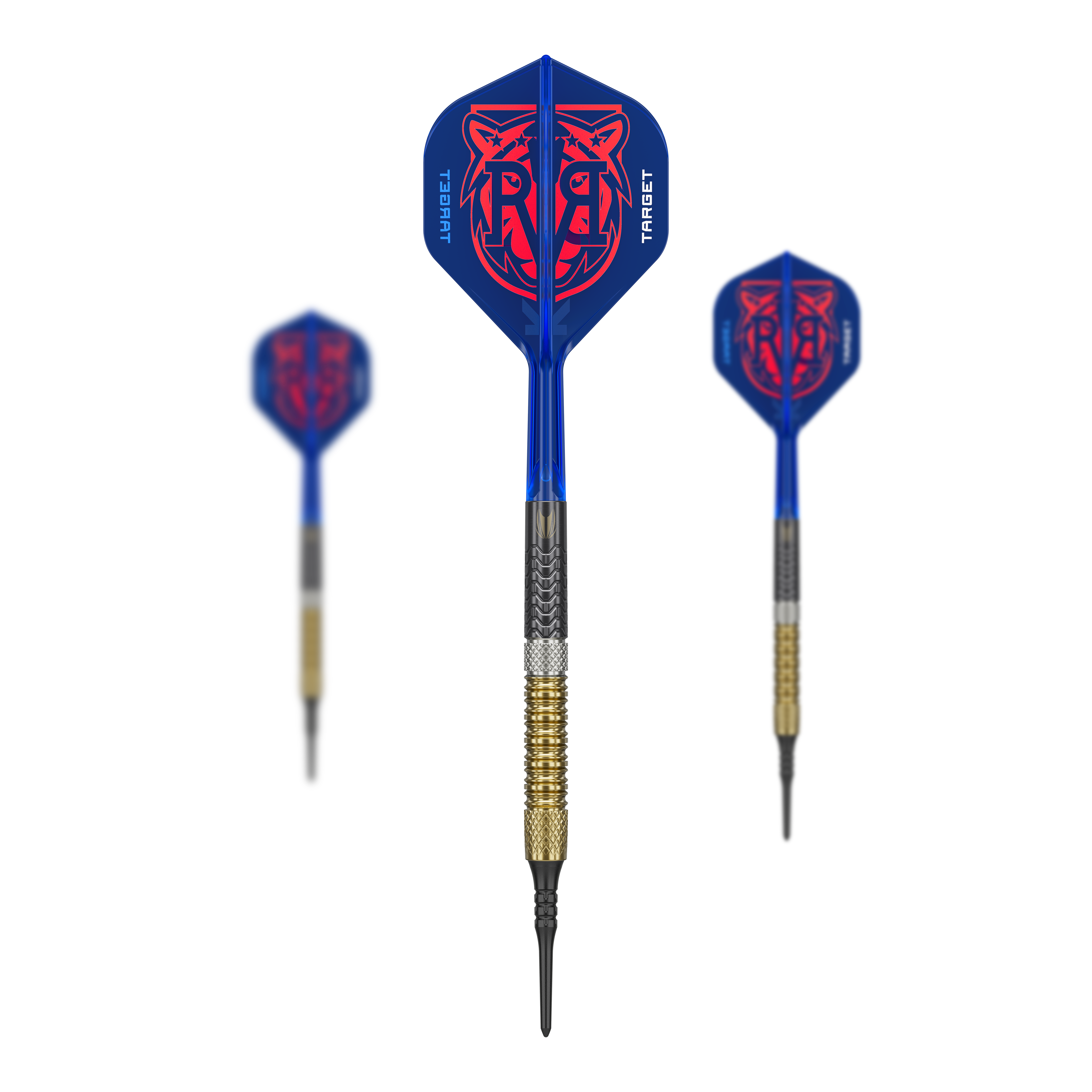 Target Raymond Van Barneveld GEN6 soft darts Das Bild zeigt das Target Raymond Van Barneveld GEN6 Softdarts Set. Alle enthaltenen Darts und Zubehörteile sind zusammen zu sehen.