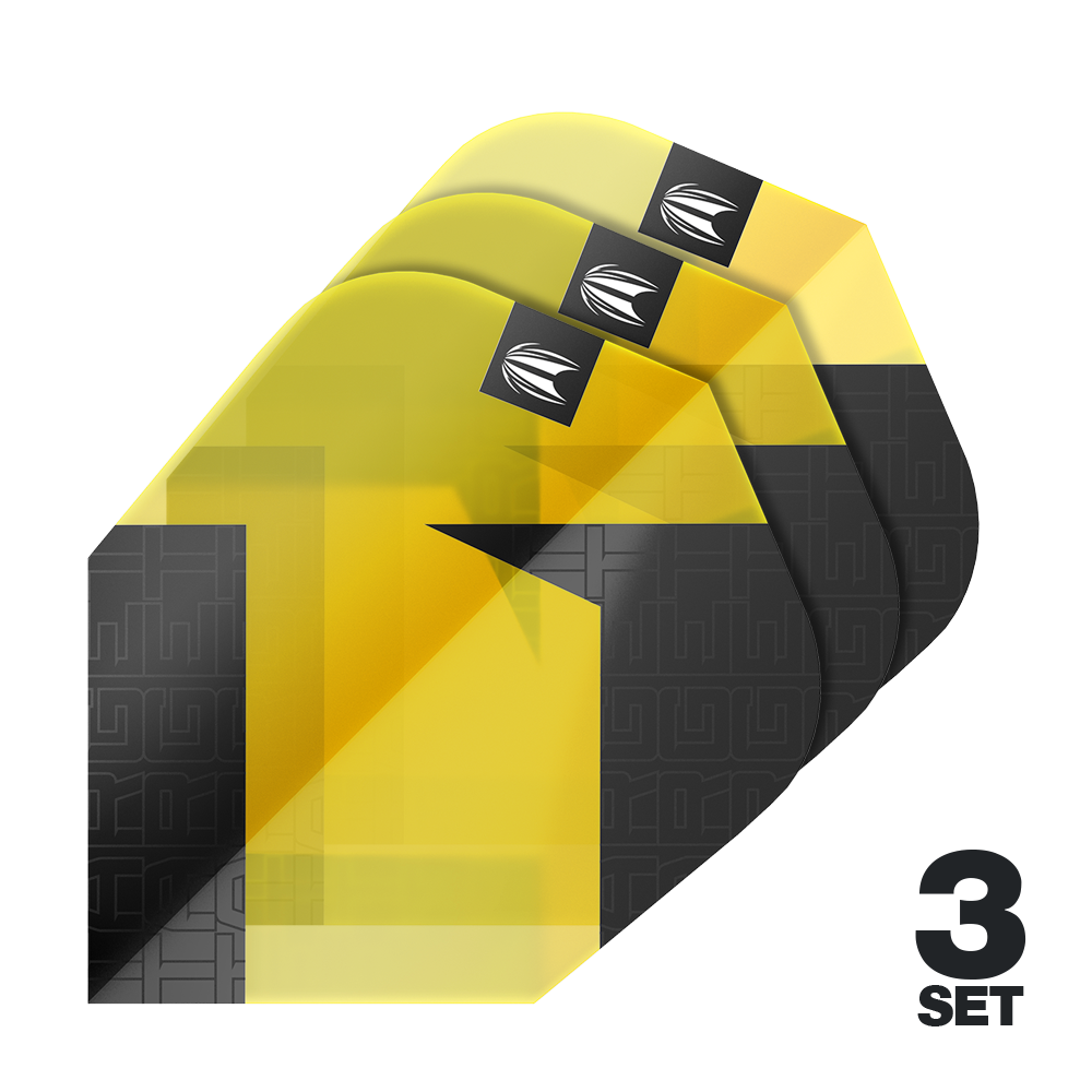 Target Pro Ultra TAG Yellow Ten-X Standard Flights - 3 Sets Das Bild zeigt drei Sets der Target Pro Ultra TAG Gelb Ten-X Standard Flights. Die Flights sind in Gelb und Schwarz gestaltet und eignen sich für Dartpfeile.