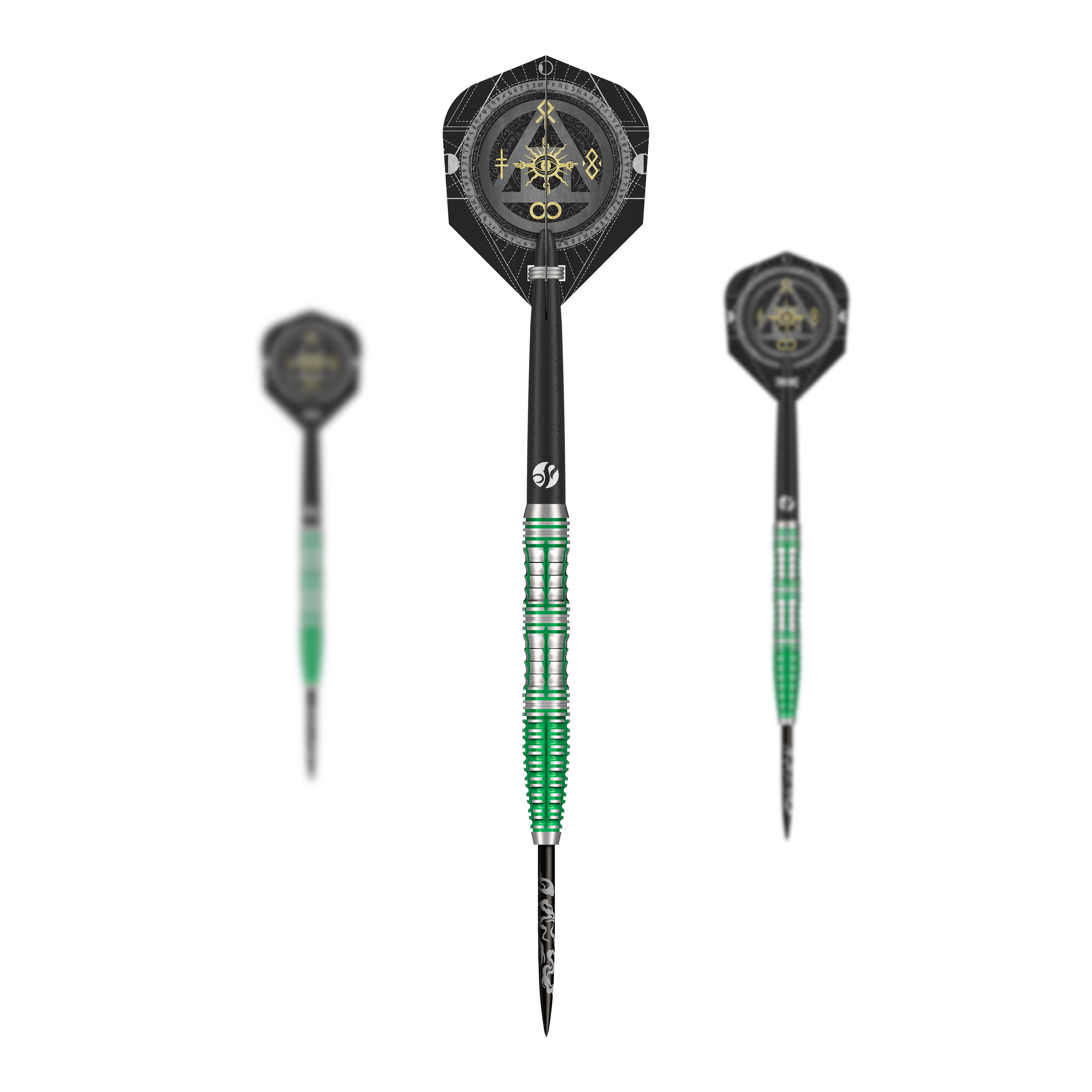 Abgebildet ist ein Set Shot Alchemy Mythril Steeldarts. Dies sind hochwertige Steeldarts für den professionellen Einsatz.