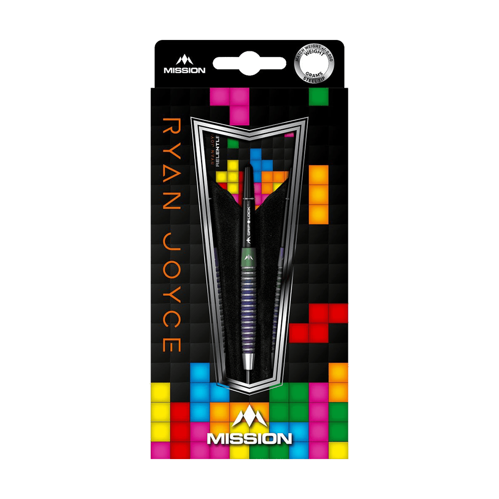 M001074_Mission_Ryan_Joyce_Relentless_Steeldarts_3 Das Bild zeigt die Mission Ryan Joyce Relentless Steeldarts in ihrer Verpackung. Die Verpackung ist bunt gestaltet und hebt den Namen des Produkts deutlich hervor.