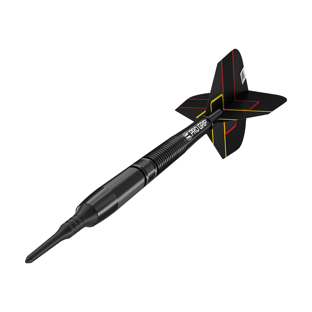 210322_Target_Gabriel_Clemens_Black_Edition_Softdarts_4 Das Bild zeigt einen Target Gabriel Clemens Black Edition Softdart mit einem Gewicht von 19 Gramm. Der Dart ist komplett schwarz mit feinen gelben und roten Linien auf den Flights.