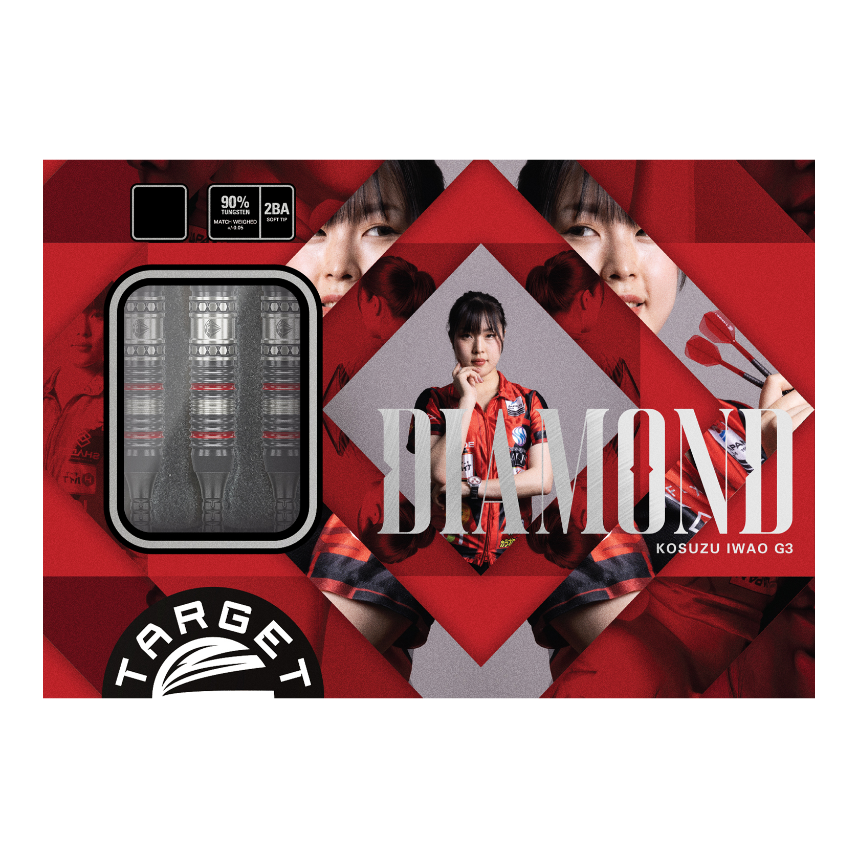 Target Japan Prime Series Diamond GEN3 Soft Darts - 18g Die Abbildung zeigt das Produkt "Target Japan Prime Series Diamond GEN3 Softdarts - 18g". Auf der Verpackung sind die Darts selbst sowie ein Porträt einer Frau und das Wort "DIAMOND" zu sehen.