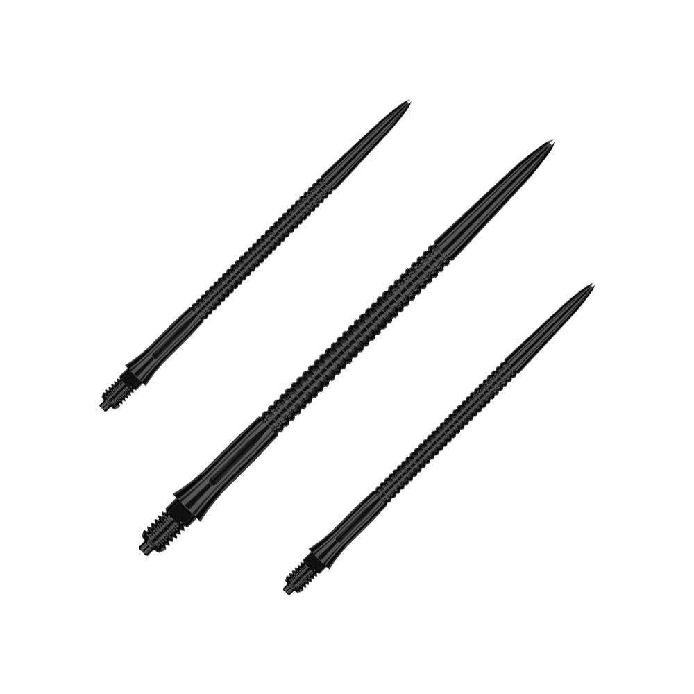 Ein Satz schwarzer Dartspitzen mit Rillenstruktur, 45 mm lang. Sie sind für Dartspiele geeignet.
