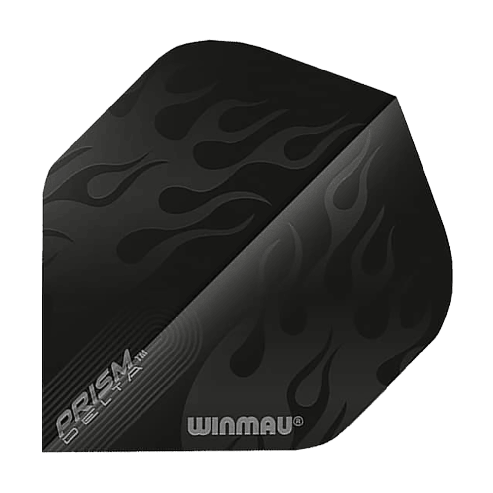 6915-202_Winmau_Prism_Delta_6915-202_Standard_Flights_1 Das Bild zeigt ein Winmau Prism Delta 6915.202 Standard Flight. Das Flight ist schwarz und mit einem Flammenmuster sowie den Aufschriften "PRISM DELTA" und "WINMAU" bedruckt.