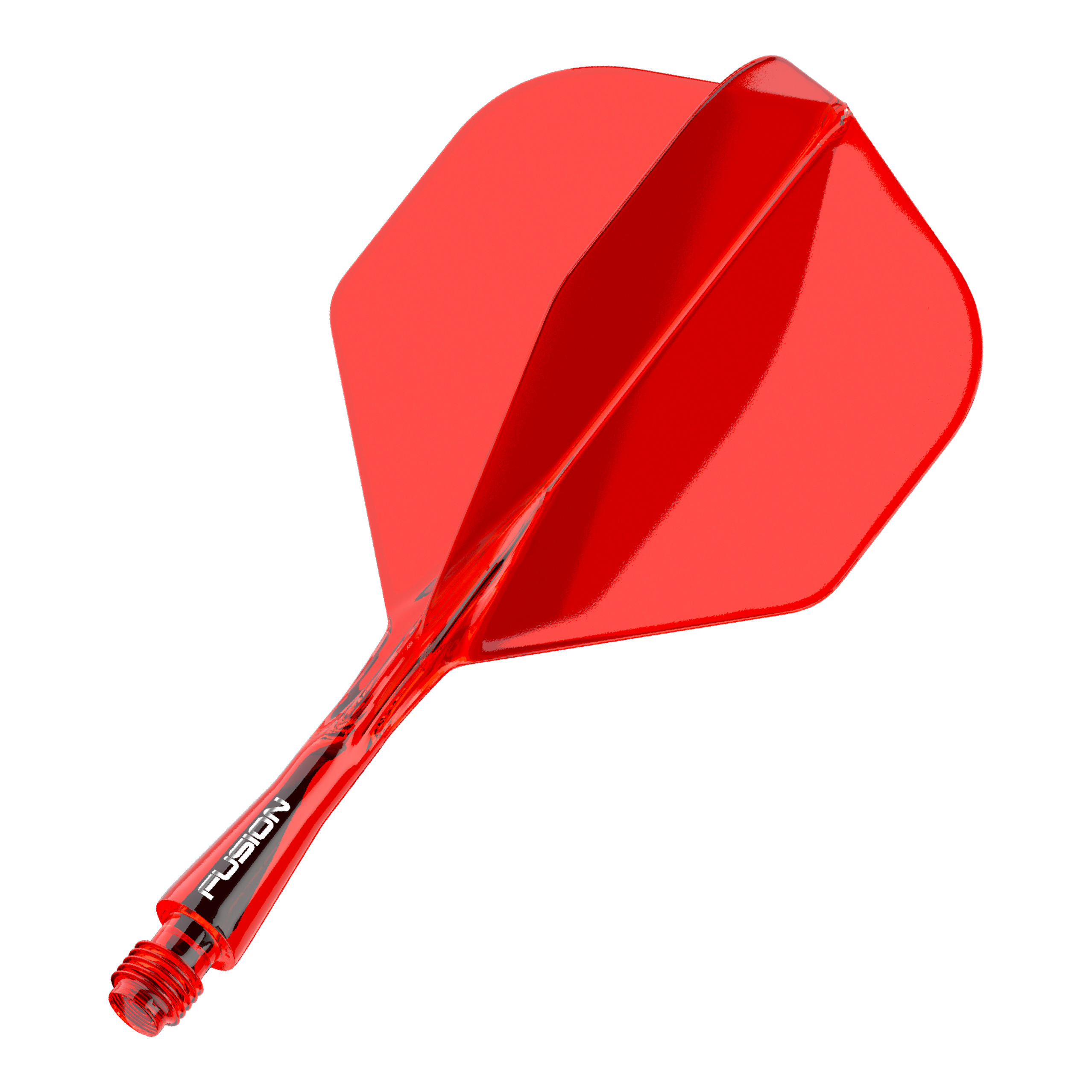 Das Bild zeigt ein rotes Dartflight- und Shafts-System. Es handelt sich um das Winmau Fusion Flight Shaft System in Standardgröße mit einer Länge von 22 mm.