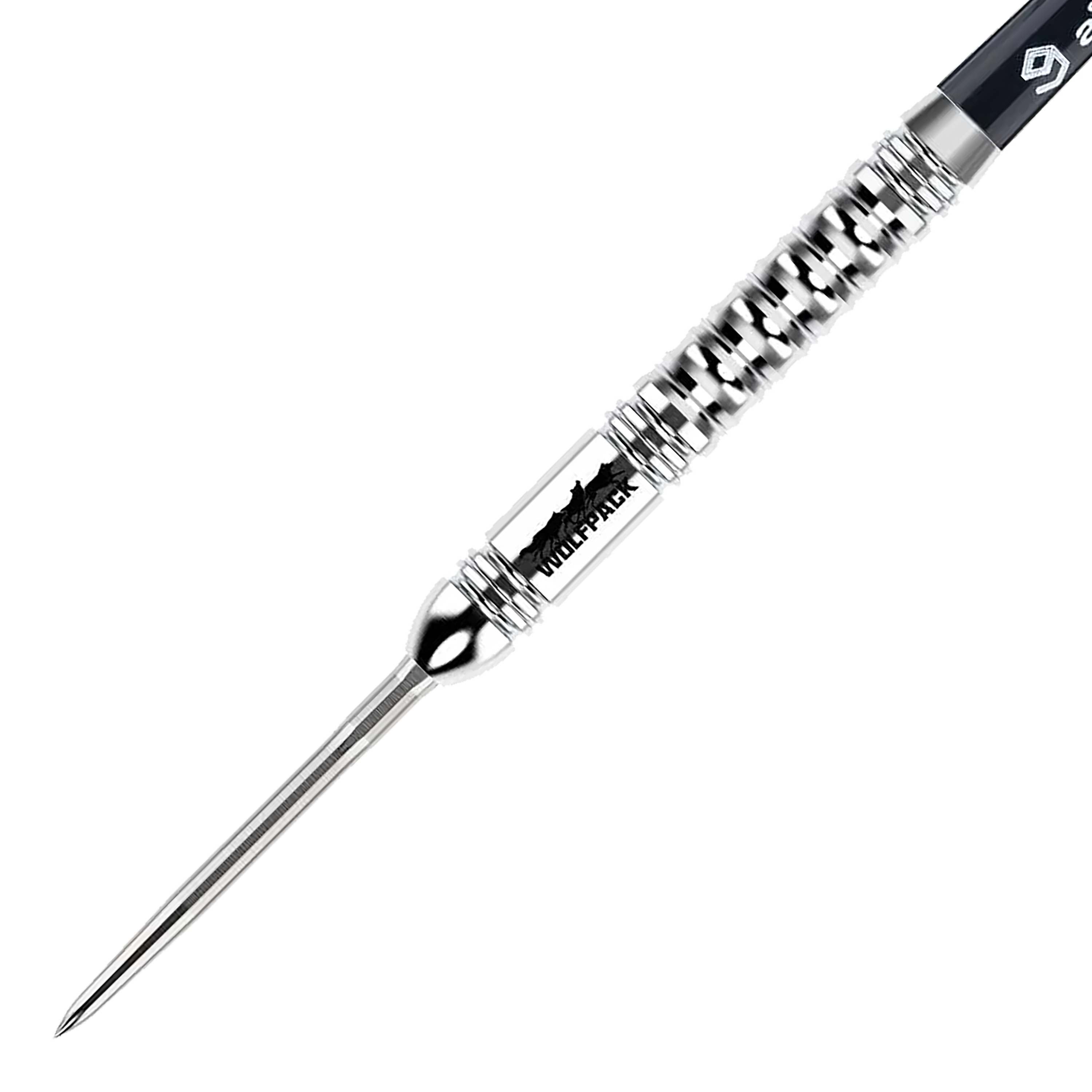 Caliburn Wolfpack W1 steel darts - 23g Das Bild zeigt einen Caliburn Wolfpack W1 Steeldart mit einem Gewicht von 23,5g. Der Dart hat ein silbernes, geriffeltes Design und ist mit dem Schriftzug "WOLFPACK" versehen.
