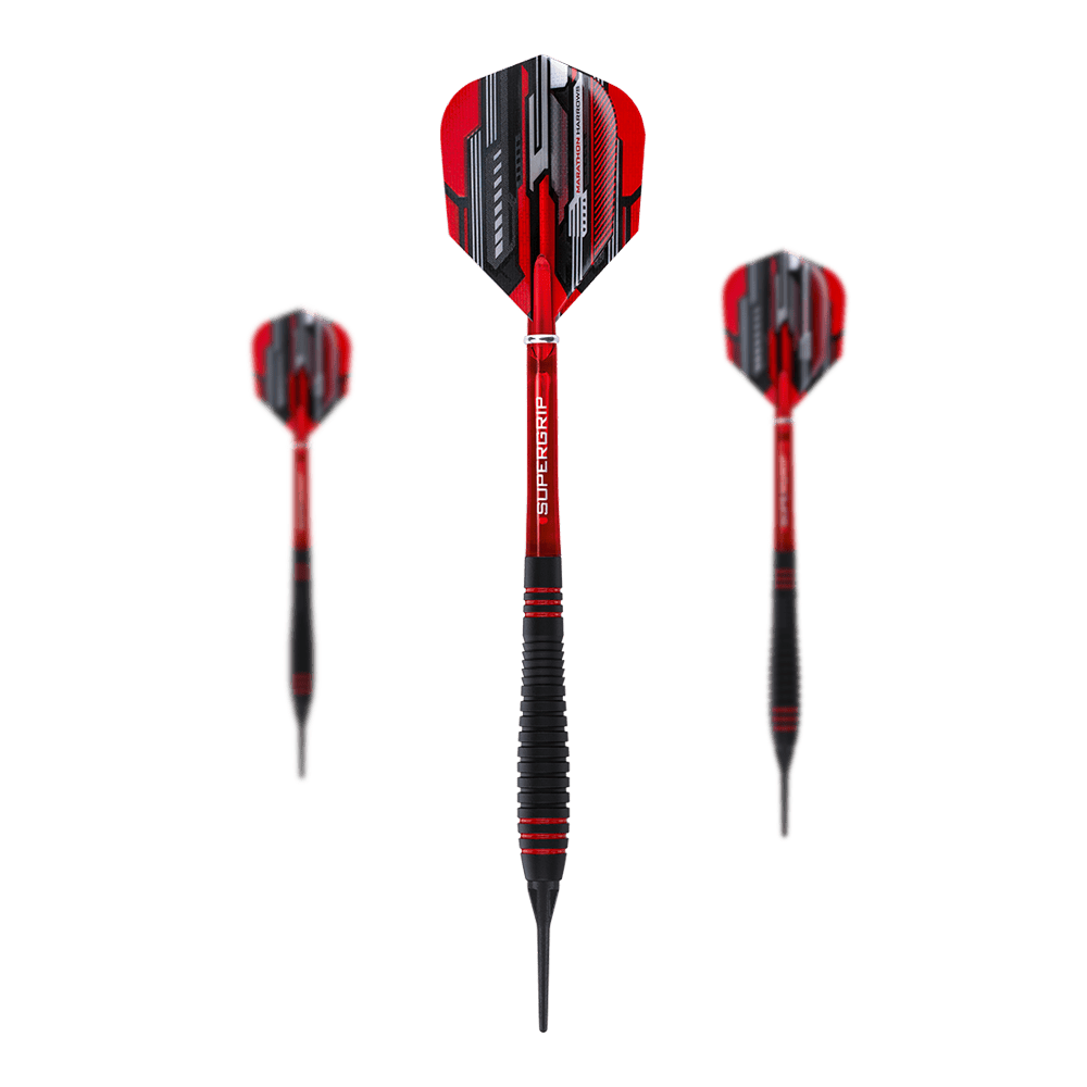 Harrows ACE Rubber Grip Soft Darts Auf dem Bild sind drei Harrows ACE Rubber Grip Softdarts zu sehen. Die Pfeile haben rote Flights mit schwarzem und silbernem Muster sowie schwarze Griffe mit roten Akzenten.