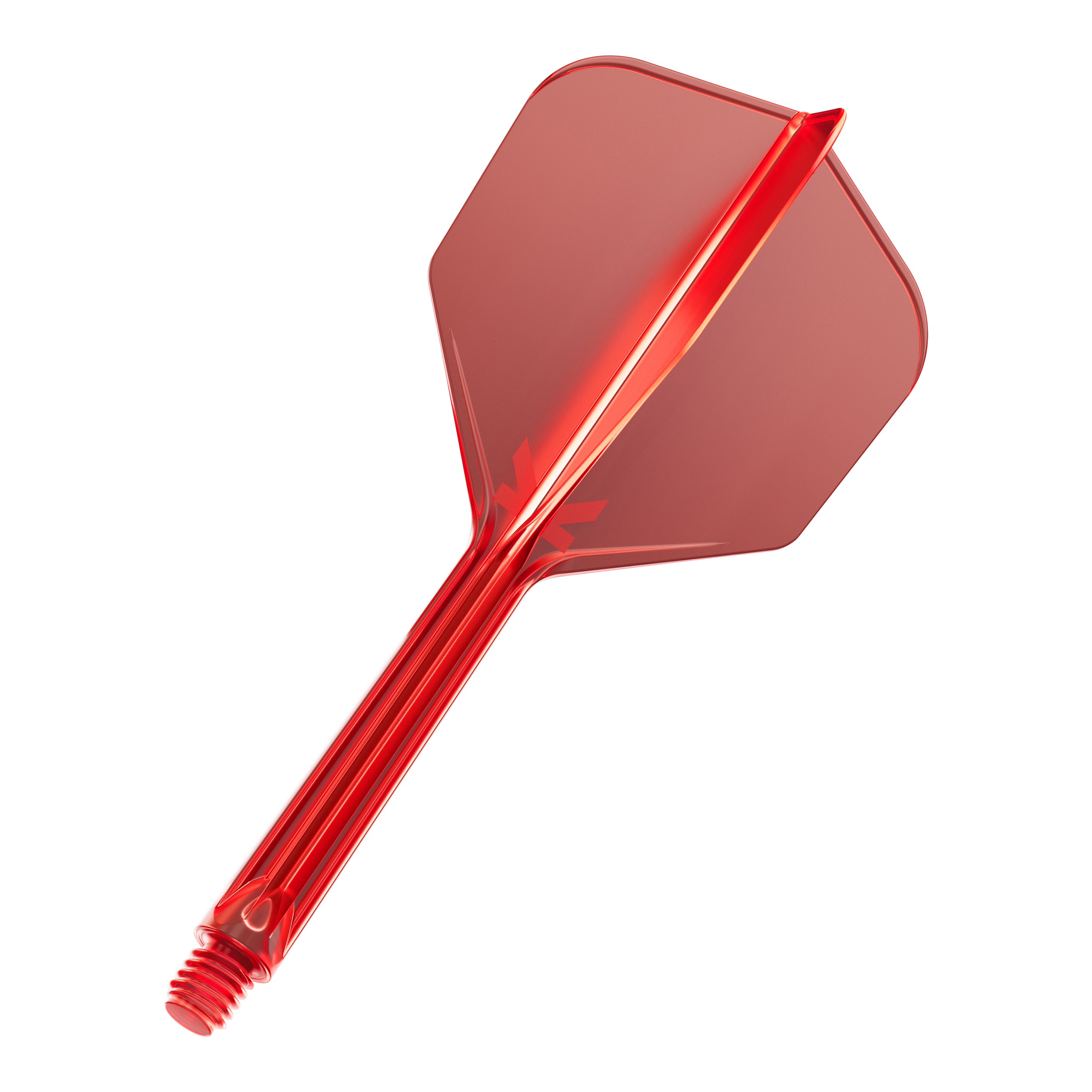 Target K-Flex No6 Flight System - Red Das Bild zeigt einen roten Dart-Flügel mit Schaft aus Kunststoff. Er hat eine sechseckige Form und ein Schraubgewinde am Ende.