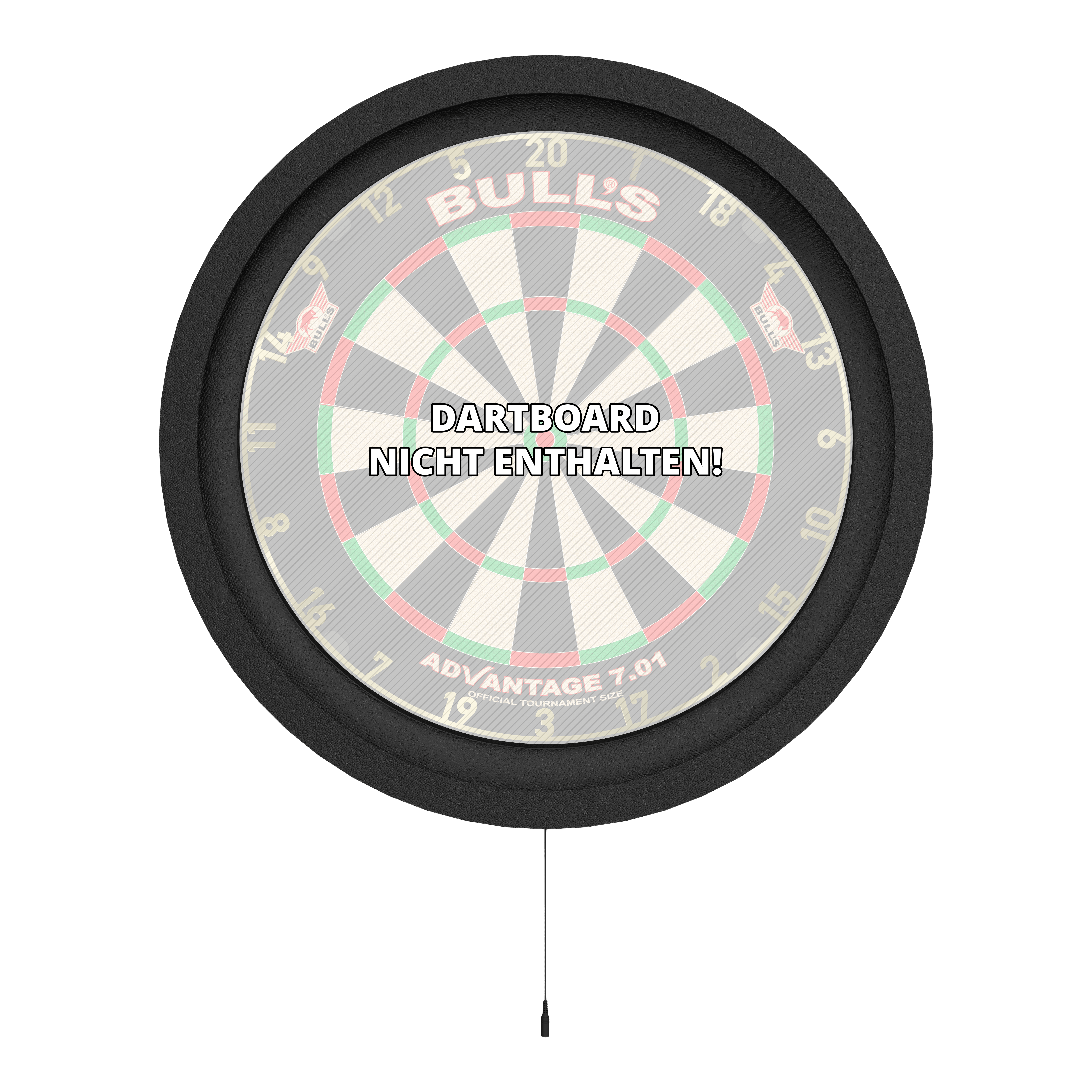 Bulls NL Lumo 2 Light Surround Lighting System Das Bild zeigt das Bulls NL Lumo 2 Light Surround Beleuchtungssystem, das einen Dartboard-Rahmen mit integrierter Beleuchtung darstellt. In der Mitte steht geschrieben "Dartboard nicht enthalten".