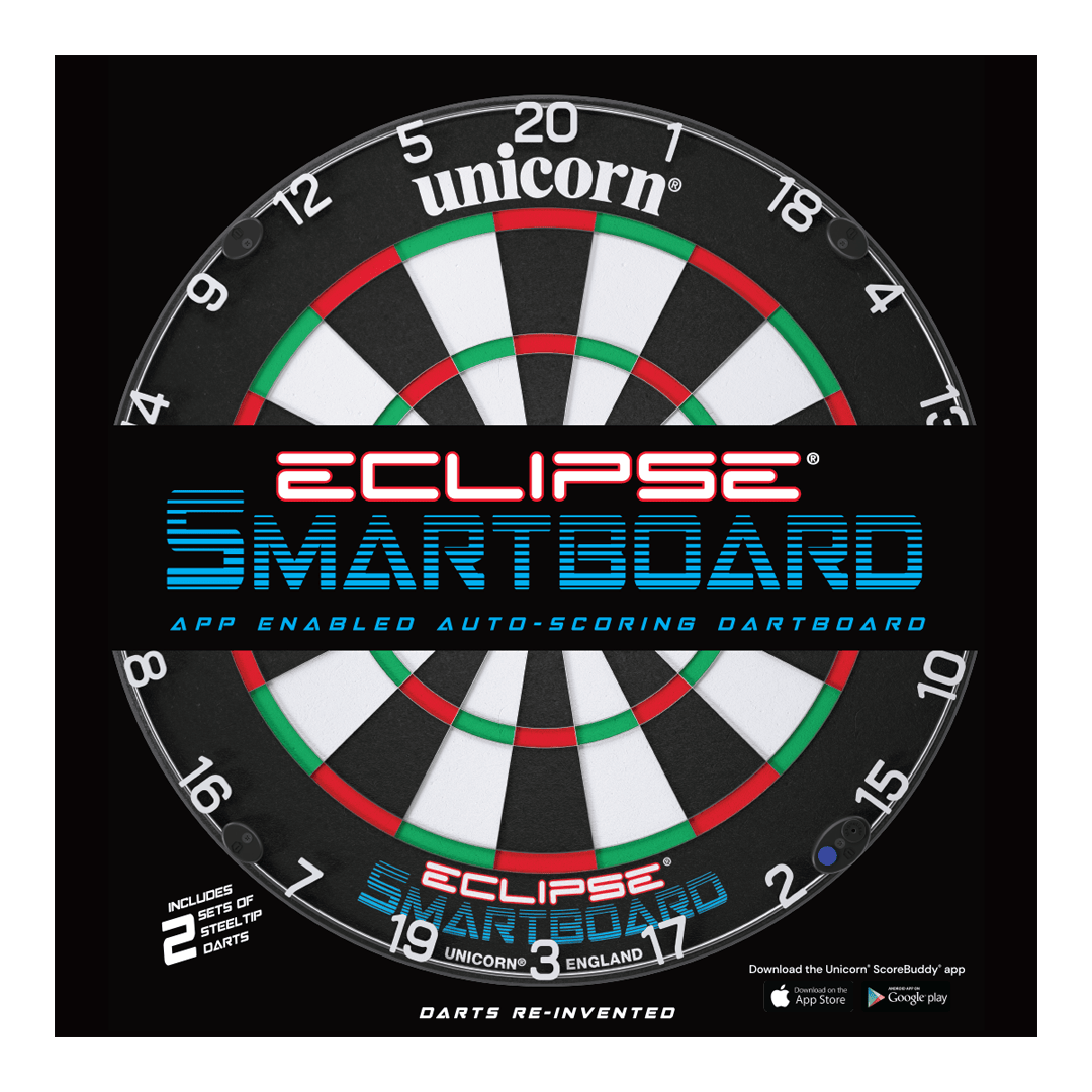 Unicorn Eclipse Smartboard steel dartboard Das Bild zeigt das Produkt "Unicorn Eclipse Smartboard Steeldartboard". Es handelt sich um eine App-unterstützte Steeldart-Scheibe mit automatischer Punkteauswertung.