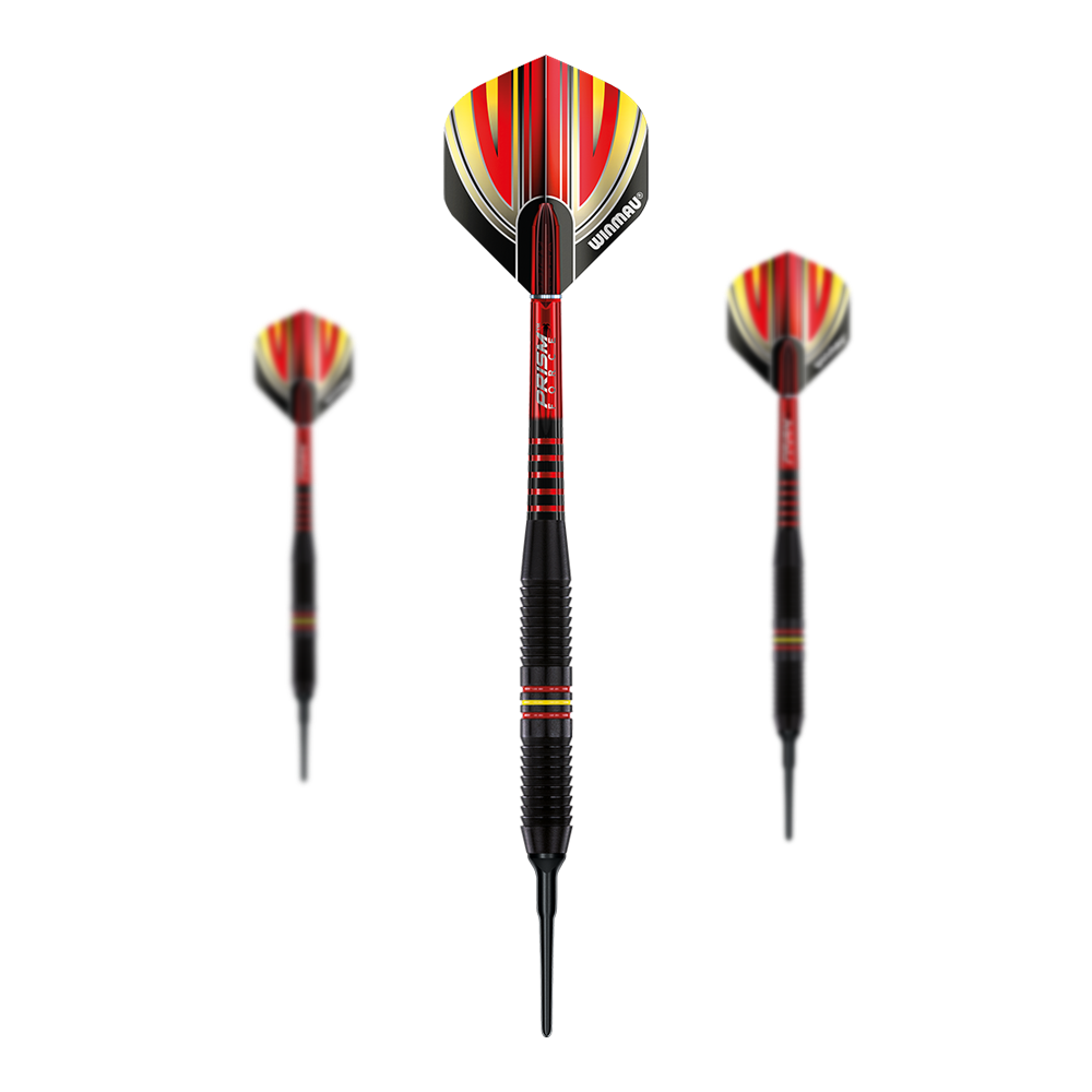 Winmau Outrage V1 Black Coated Brass Soft Darts - 18g Das Bild zeigt drei Winmau Outrage V1 Black Coated Brass Softdarts mit einem Gewicht von 18g. Die Pfeile haben ein schwarzes Barrel und auffällige Flights in Rot, Gelb und Schwarz.