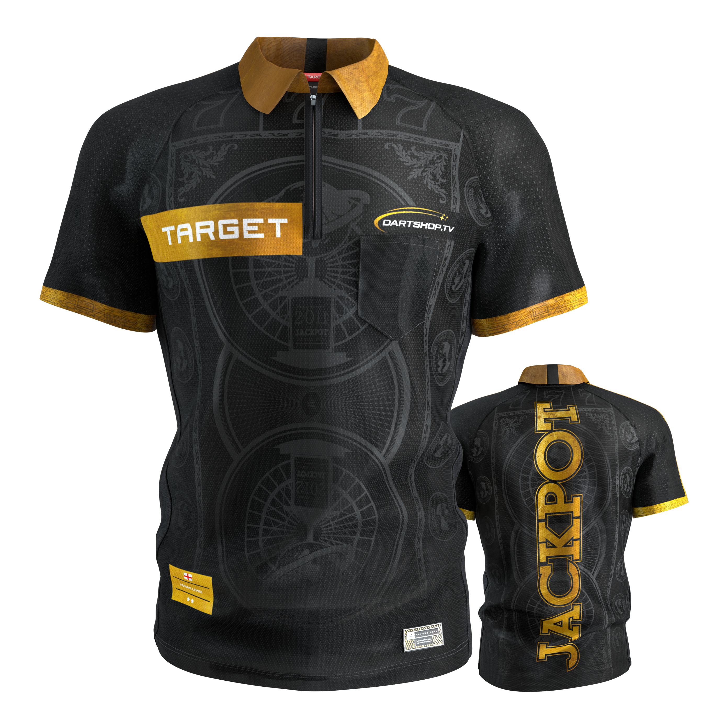 Das Target Adrian Lewis Dartshirt 2026 ist auf diesem Bild sichtbar. Es ist ideal für Darts-Fans und Spieler geeignet.