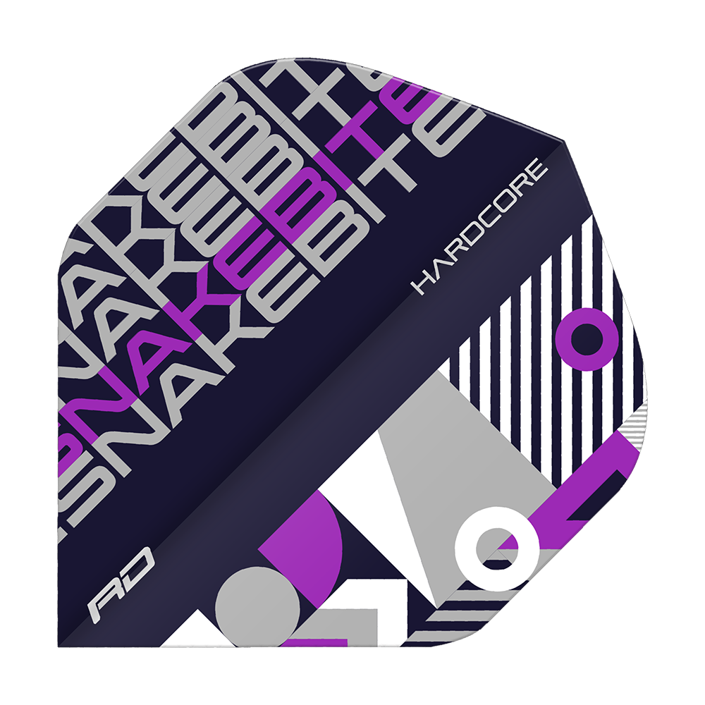 Das Bild zeigt einen Dartflight mit dem Namen "Red Dragon Hardcore Snakebite Black Purple Standard Flights". Das Design ist schwarz, lila und grau mit geometrischen Mustern und dem Schriftzug "SNAKEBITE" sowie "HARDCORE".