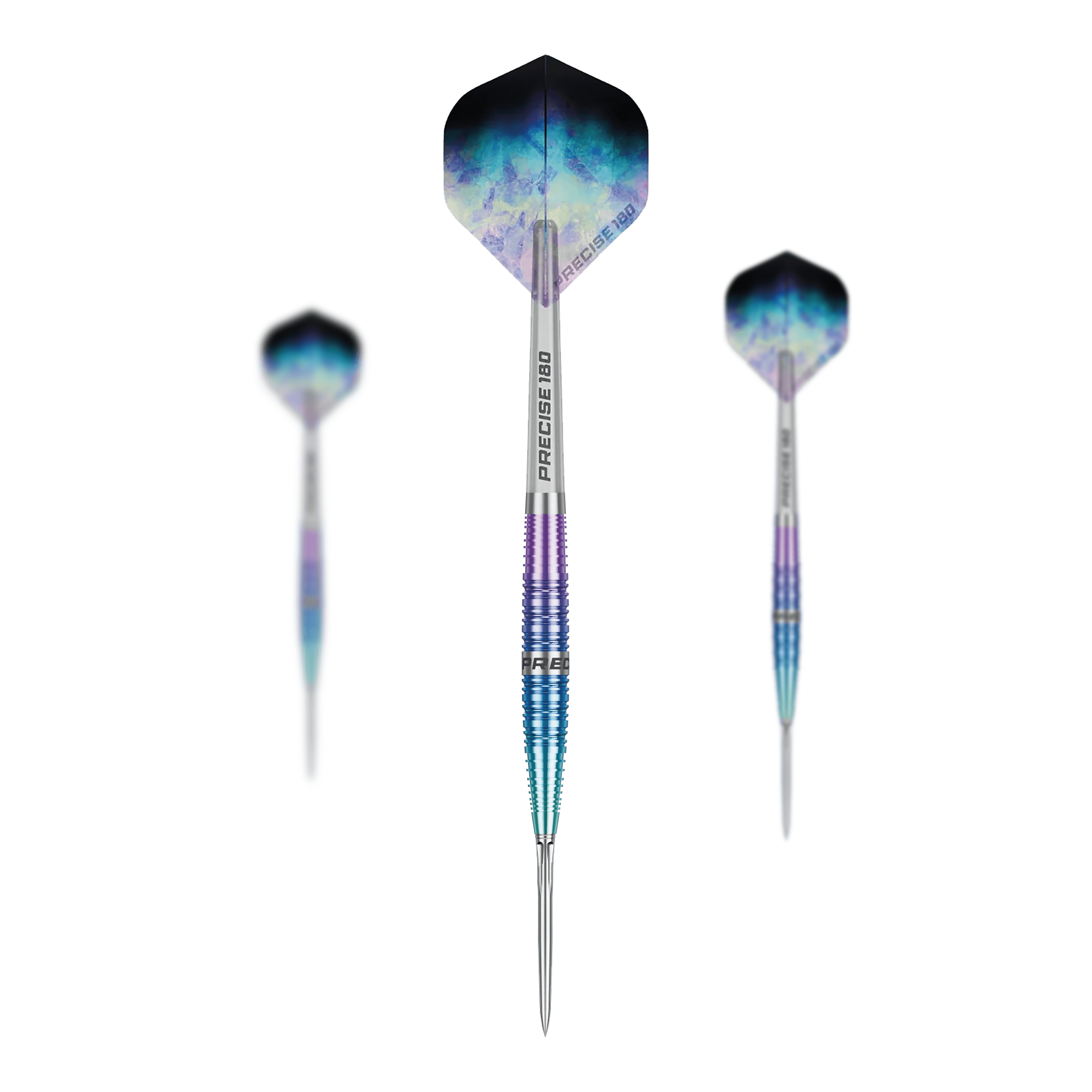 Precise 180 Northern Lights steel darts Die Precise 180 Northern Lights Steeldarts sind als Set dargestellt. Mehrere Dartpfeile sind gemeinsam angeordnet.