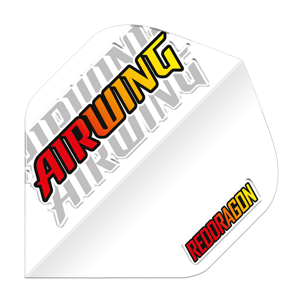 Red Dragon Airwing Red Logo Standard Flights Dieses Bild zeigt ein weißes Dartflügel-Produkt mit der Aufschrift „AIRWING“ in Rot, Orange und Gelb. In der unteren rechten Ecke steht das Logo „REDDRAGON“ ebenfalls in Rot und Gelb.