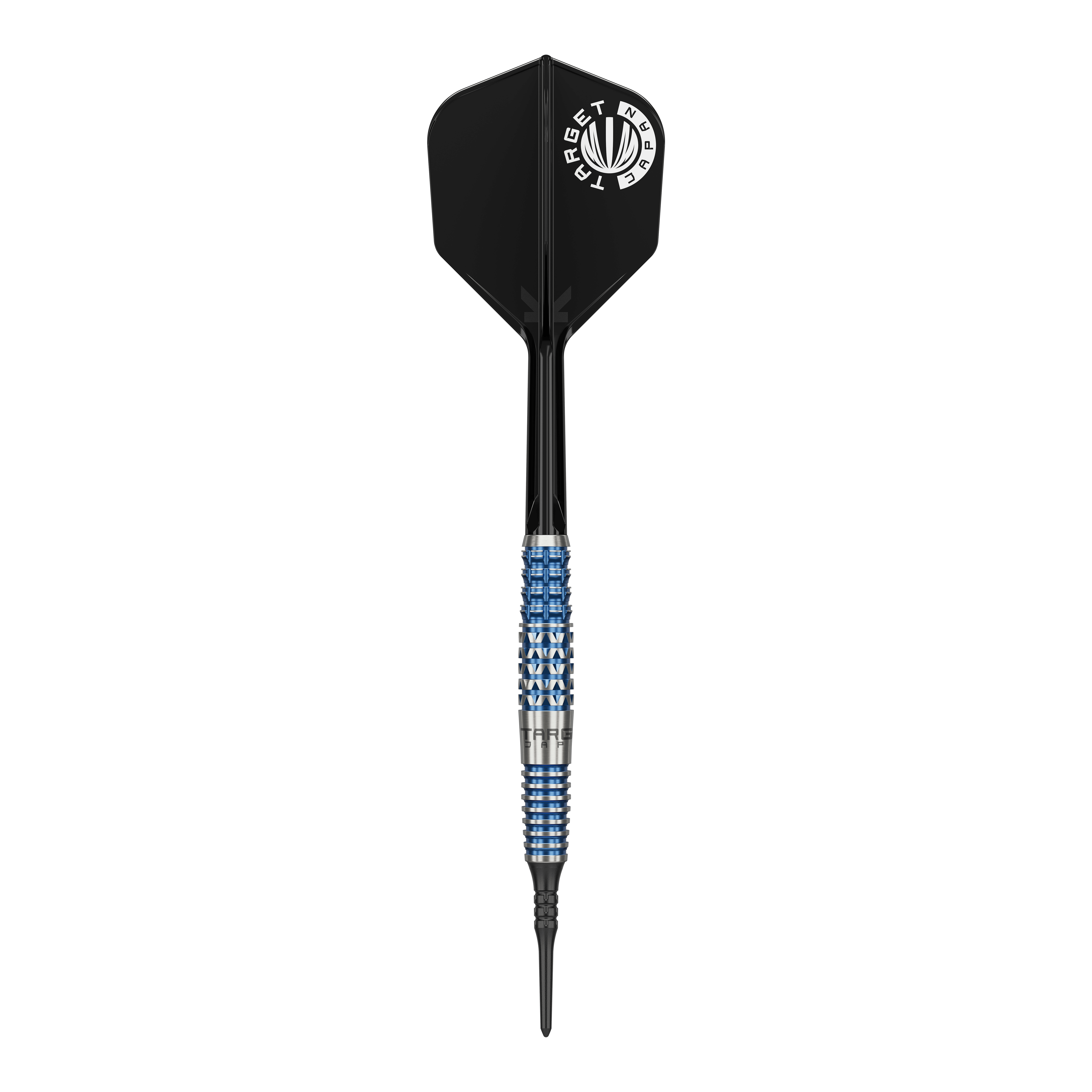 Target Japan Toru Suzuki Sereno GEN2 Soft Darts - 20g Das Bild zeigt einen Softdart der Marke Target Japan, Modell Toru Suzuki Sereno GEN2 mit 20g Gewicht. Der Dart hat ein auffälliges Design mit einem schwarz-blauen Griff und schwarzer Flight mit weißem Logo.