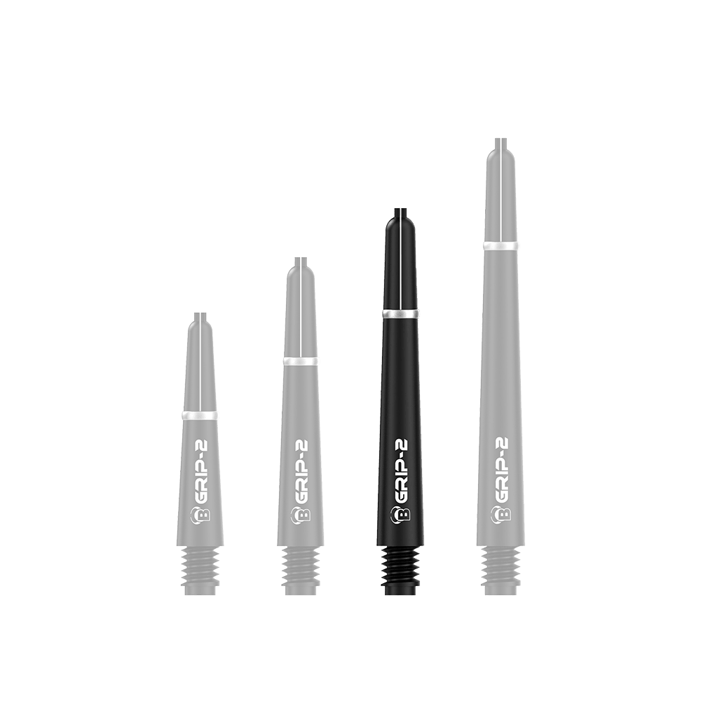 Das Bild zeigt vier schwarze Bulls B-Grip-2 SL Shafts in unterschiedlichen Längen. Sie sind nebeneinander aufgereiht und haben jeweils einen weißen Schriftzug.