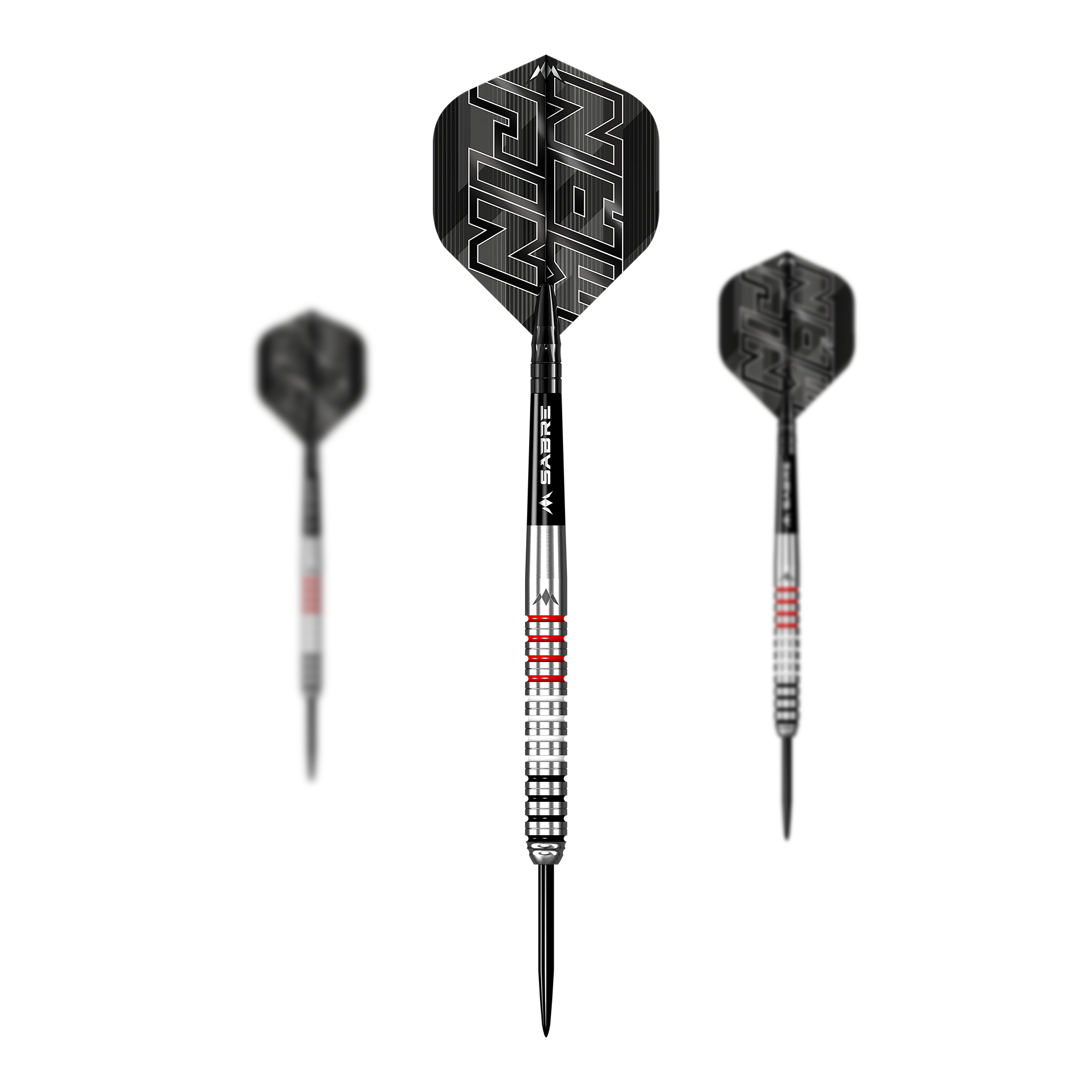 Mission Wessel Nijman steel darts - 23g Das Bild zeigt drei Steeldarts des Produkts "Mission Wessel Nijman Steeldarts - 23g". Die Darts haben silberne Spitzen mit schwarzen und roten Akzenten sowie schwarze Flights mit weißem Schriftzug.