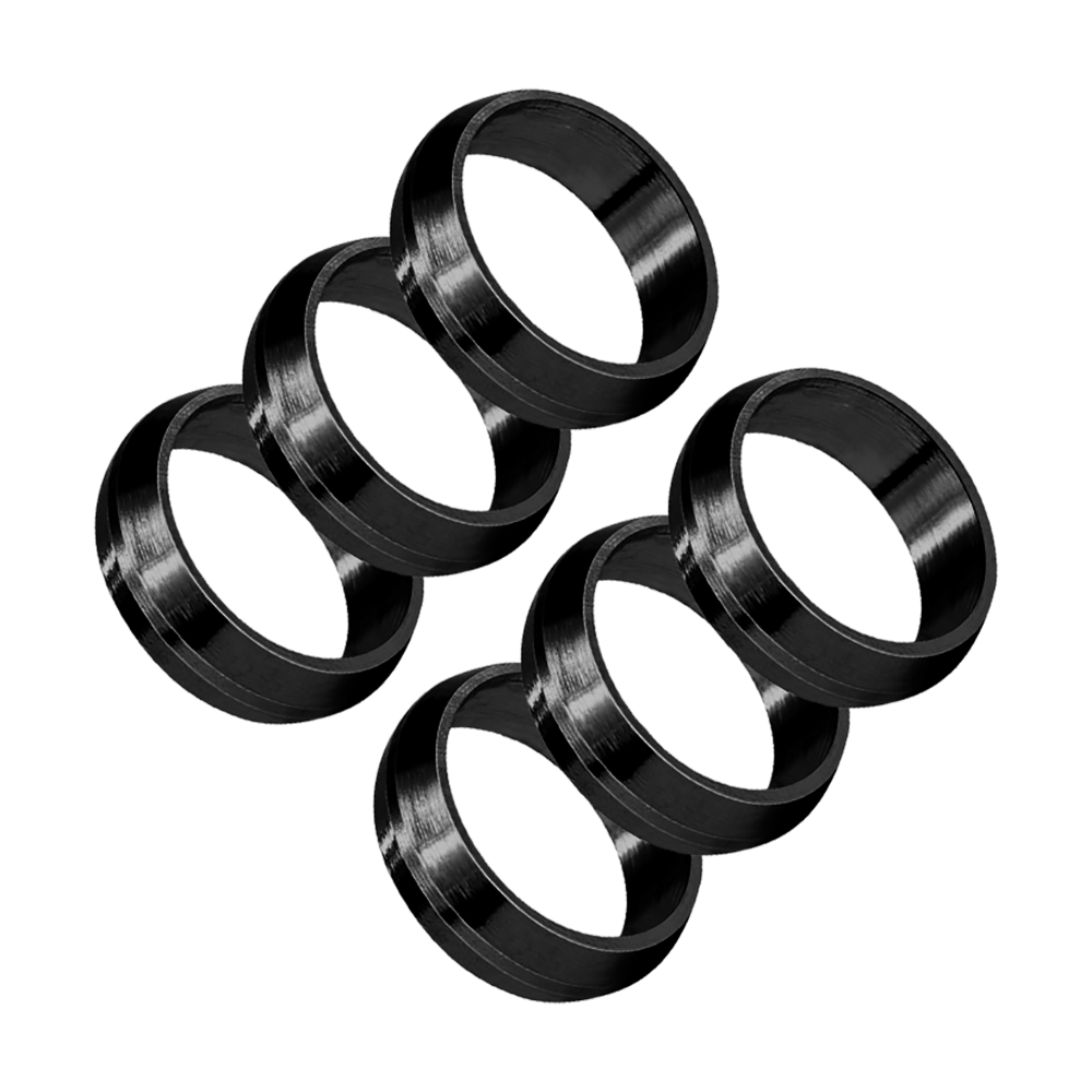 HR440_Harrows_Pyramid_Shaftringe_Schwarz_1 Das Bild zeigt sechs schwarze Harrows Pyramid Shaftringe. Sie sind rund und bestehen aus glänzendem Material.