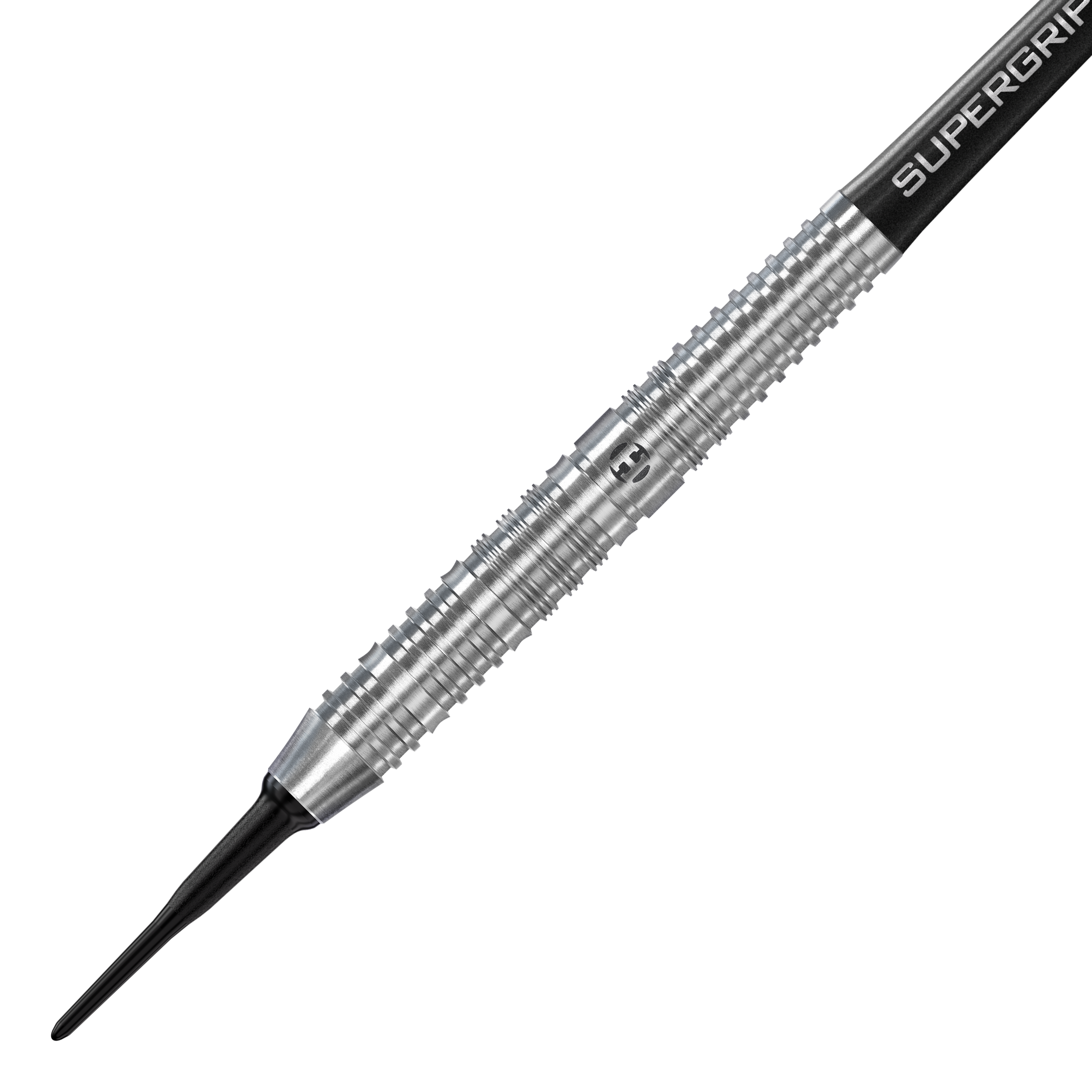 Harrows NX90 Parallel Softdarts Das Bild zeigt einen Harrows NX90 Parallel Softdart mit silbernem, geriffelten Barrel. Die Spitze ist schwarz und der Schaft trägt die Aufschrift "SUPERGRIP".