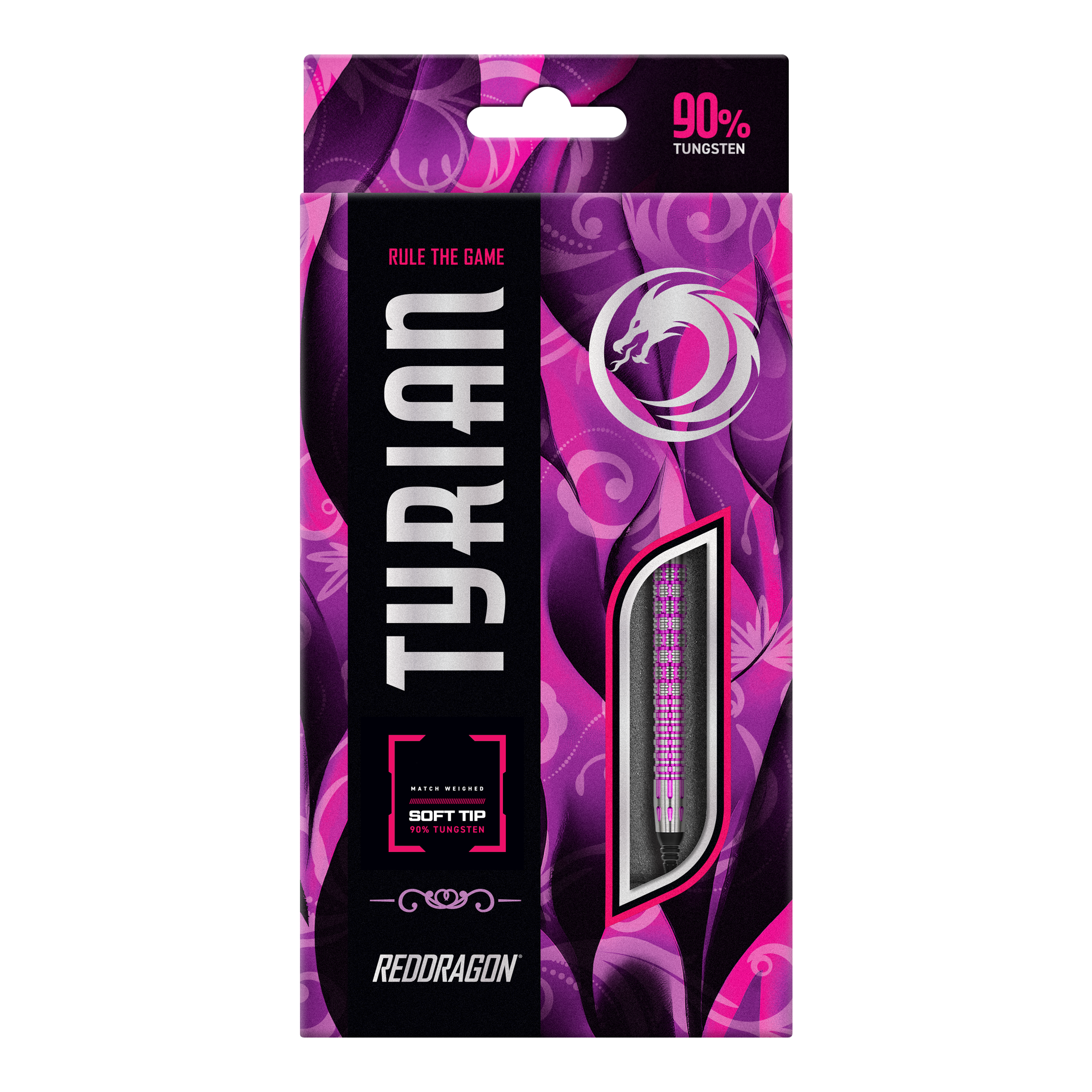 Red Dragon Tyrian Soft Darts - 22g Die Abbildung zeigt die Verpackung der "Red Dragon Tyrian Softdarts - 22g". Die Schachtel ist lila und pink gestaltet und hebt hervor, dass die Darts zu 90 % aus Wolfram bestehen.