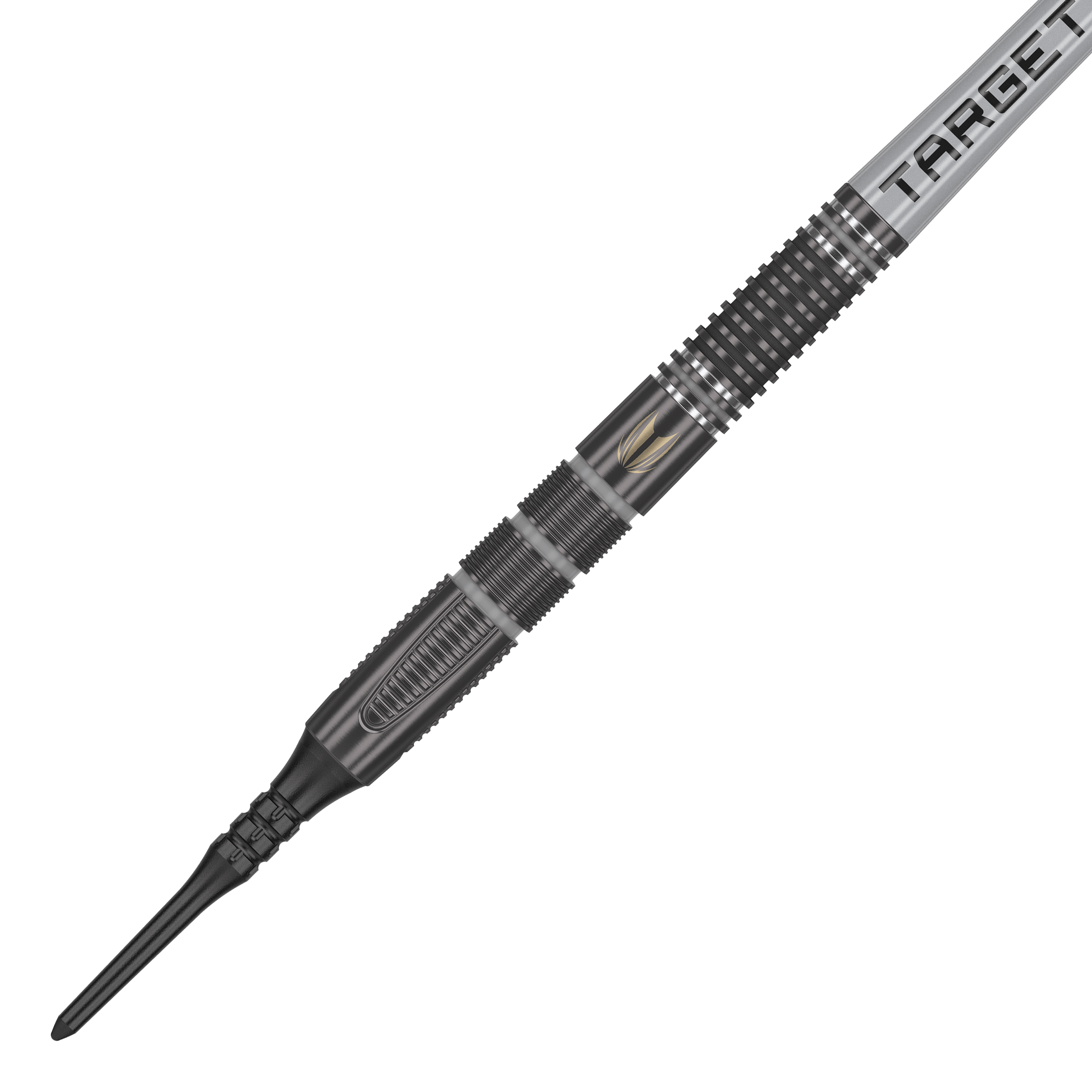 Target Nathan Aspinall X Echo Softdarts - 18g Das Bild zeigt einen Target Nathan Aspinall X Echo Softdart mit einem Gewicht von 18g. Der Dart ist schwarz und silber und hat das Wort "TARGET" auf dem Flight stehen.