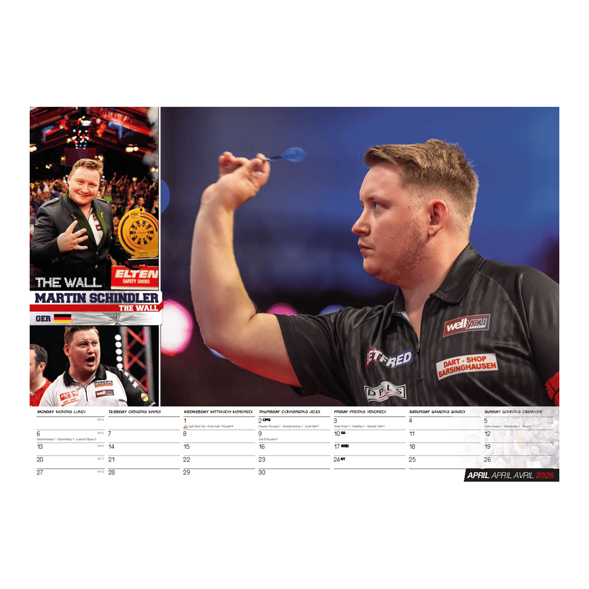 Darts Kalender 2026 Dieses Bild stellt den Darts Kalender 2026 dar. Der Kalender bietet verschiedene Darts-Bilder für jeden Monat im Jahr 2026.
