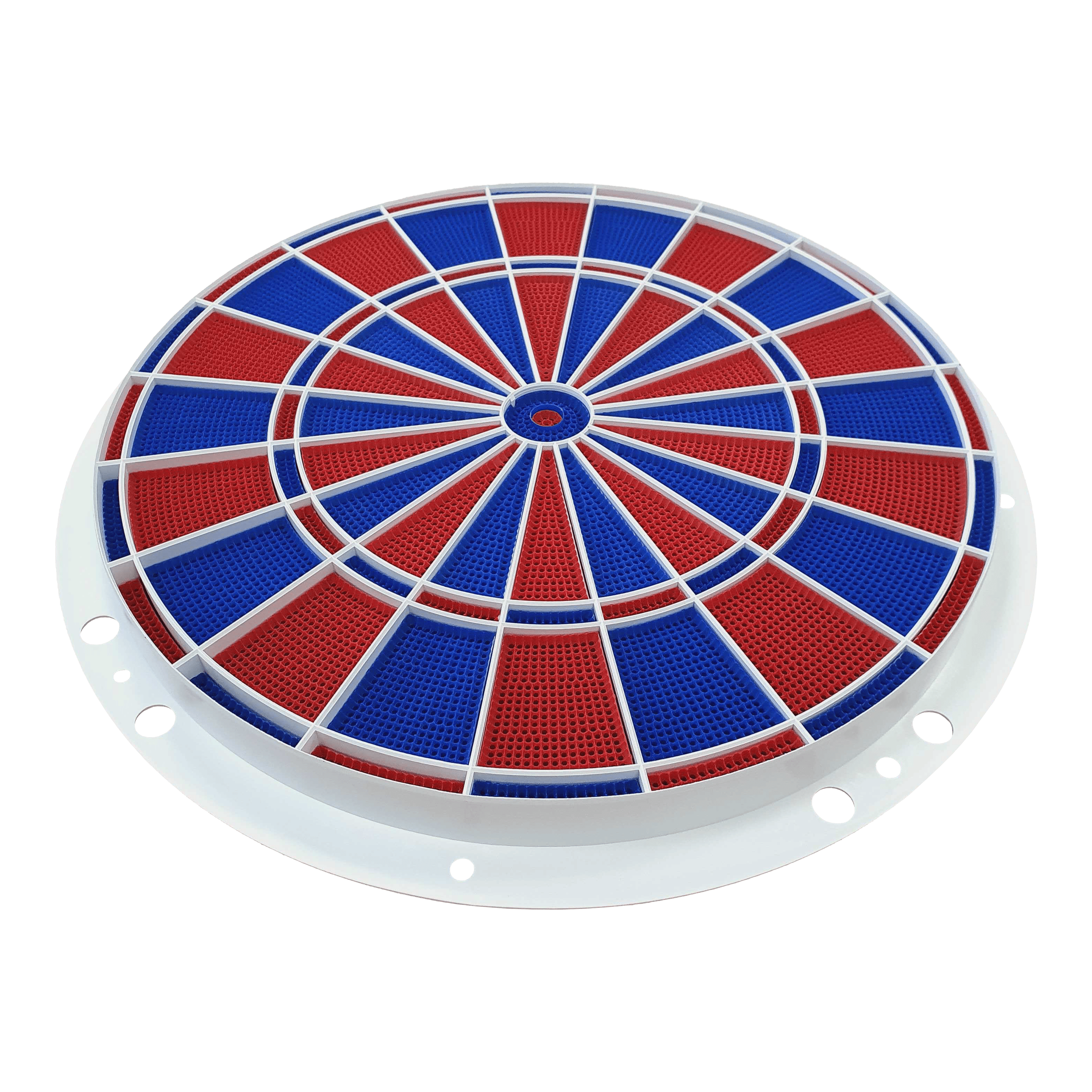 Löwen Dart spare parts 82 segment and spider set Das Bild zeigt ein rundes Dart-Segment- und Spider-Set in den Farben Blau und Rot. Es handelt sich um ein Ersatzteil für elektronische Dartscheiben, Modell Löwen Dart 82er.