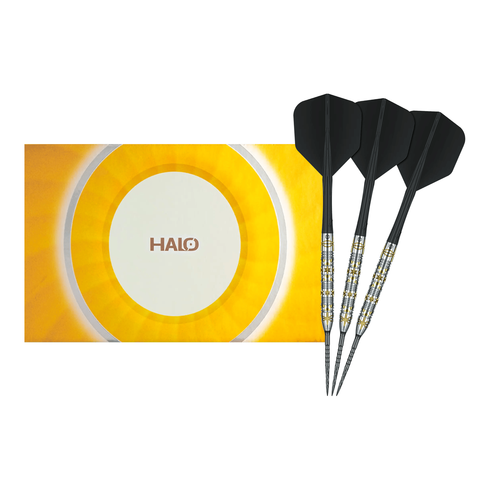 Caliburn Halo H1 steel darts - 22.5 g Gezeigt wird ein vollständiges Set der Caliburn Halo H1 Steeldarts - 22,5 g. Die hochwertigen Pfeile sind ideal für den Dartsport.