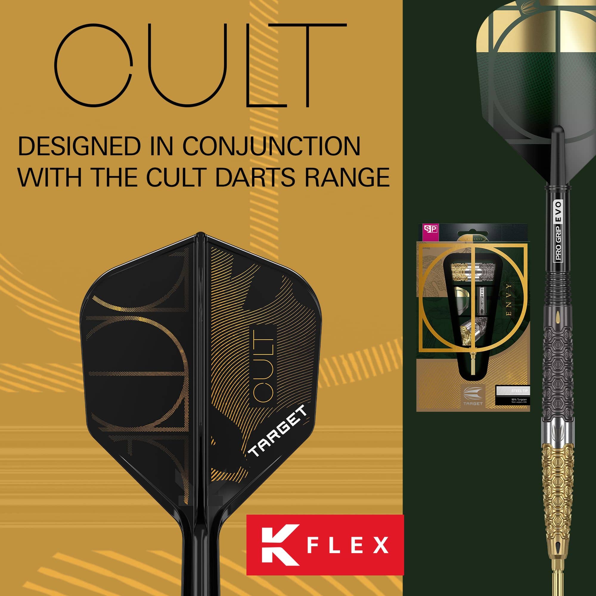 Zu sehen ist das Target K-Flex Cult No6 Flight-Shaft-System. Es bietet eine innovative Lösung für Dartflight und -schaft.