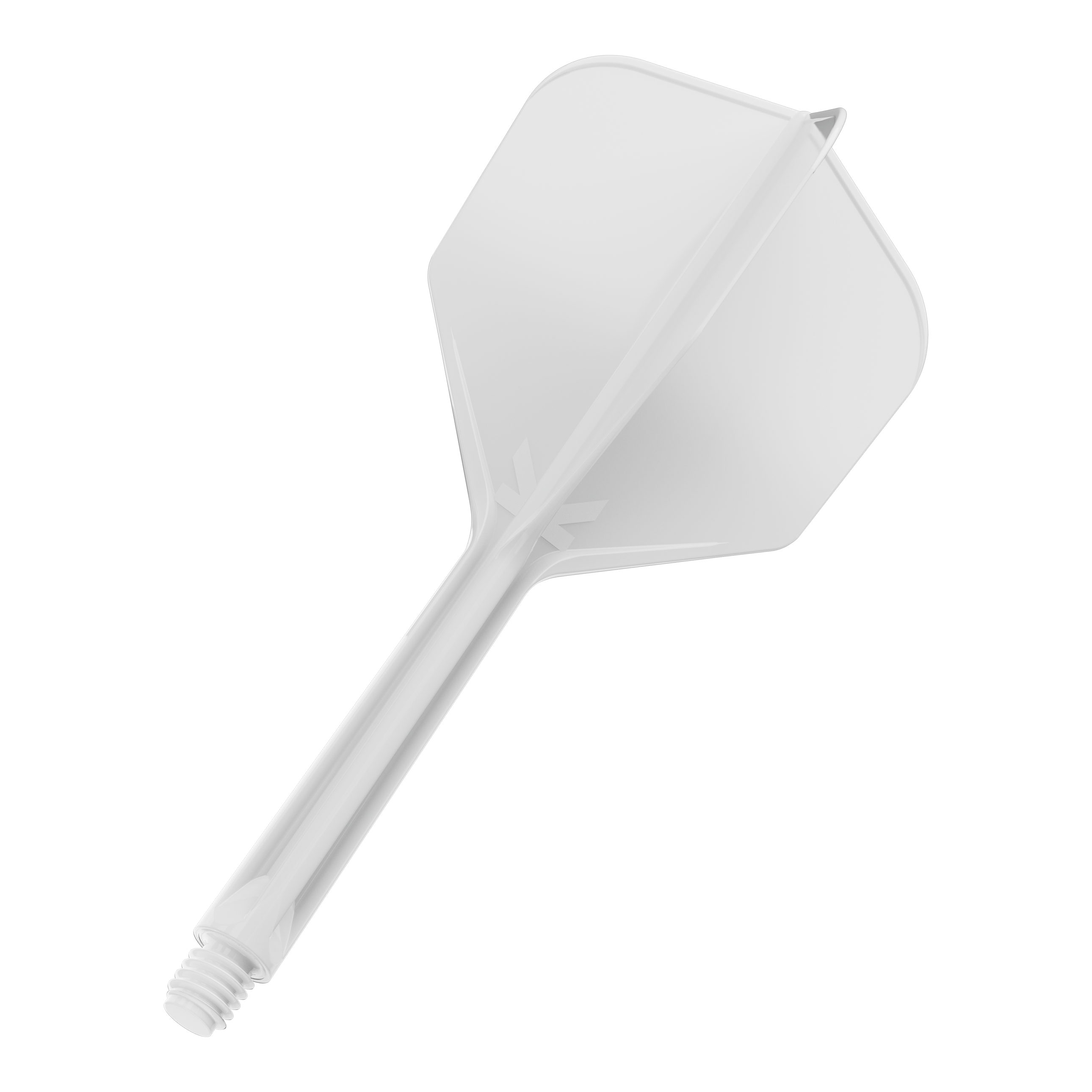 Das Bild zeigt einen weißen Dart-Flightschaft mit integriertem Flight. Er hat ein einfaches, transparentes Design und ein Schraubgewinde am Ende.