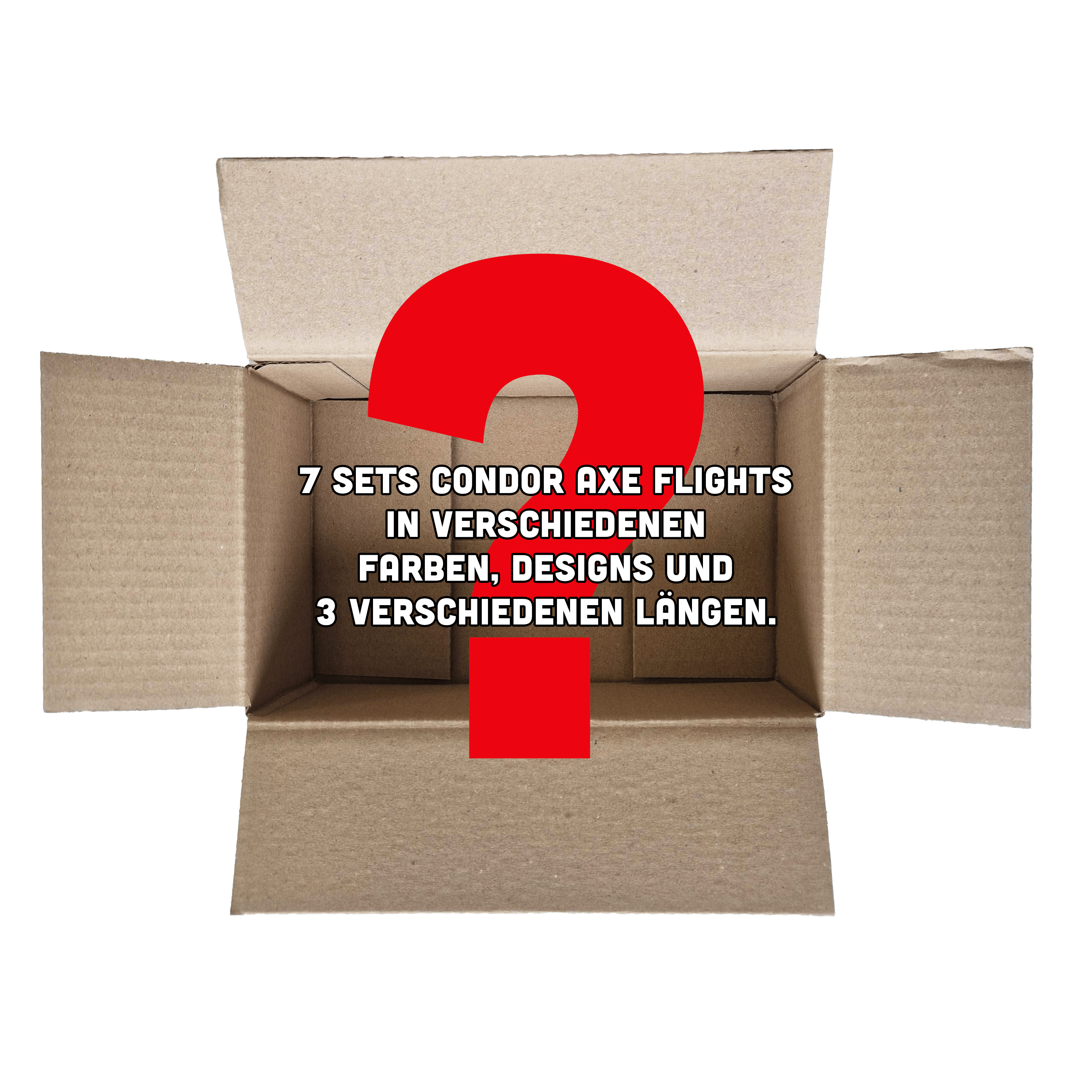 McDart Condor Mystery Box Das Bild zeigt einen offenen Karton mit einem großen roten Fragezeichen darauf. In der Mitte steht der Text: "7 Sets Condor Axe Flights in verschiedenen Farben, Designs und 3 verschiedenen Längen."