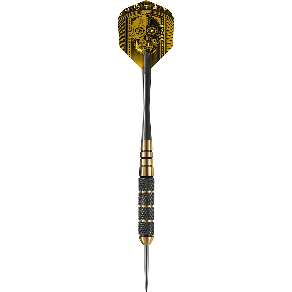 HA005116_Harrows_Voodoo_Brass_Steeldarts_1WaQjOJ4jBLiiA Der abgebildete Dart ist ein „Harrows Voodoo Brass Steeldart“. Er hat ein schwarzes und goldenes Design mit einem Totenkopf auf dem Flight.