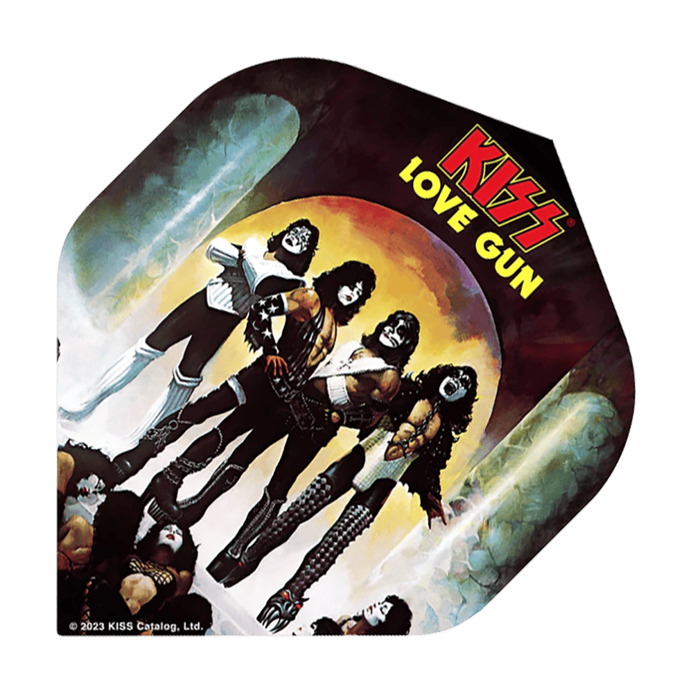 Mission Kiss Love Gun No2 Standard Flights Das Bild zeigt ein Dart-Flügel mit dem Motiv des KISS-Albums „Love Gun“. Darauf sind die Bandmitglieder in ihren charakteristischen Kostümen abgebildet, und oben steht der Schriftzug „KISS LOVE GUN“.