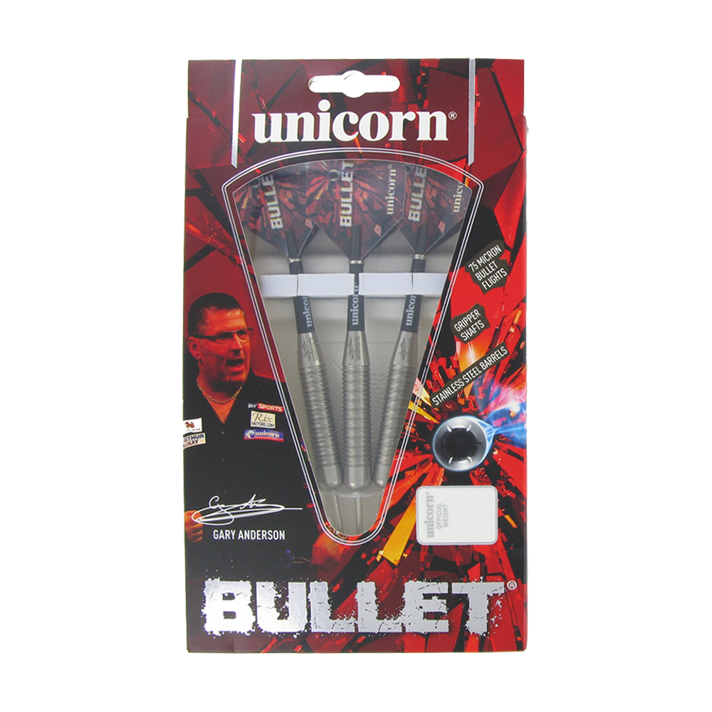 Auf dem Bild ist eine Verpackung der "Unicorn Bullet Gary Anderson Steeldarts - 22g" zu sehen. Die Packung enthält drei Steeldarts und ist in einem auffälligen roten Design gestaltet.