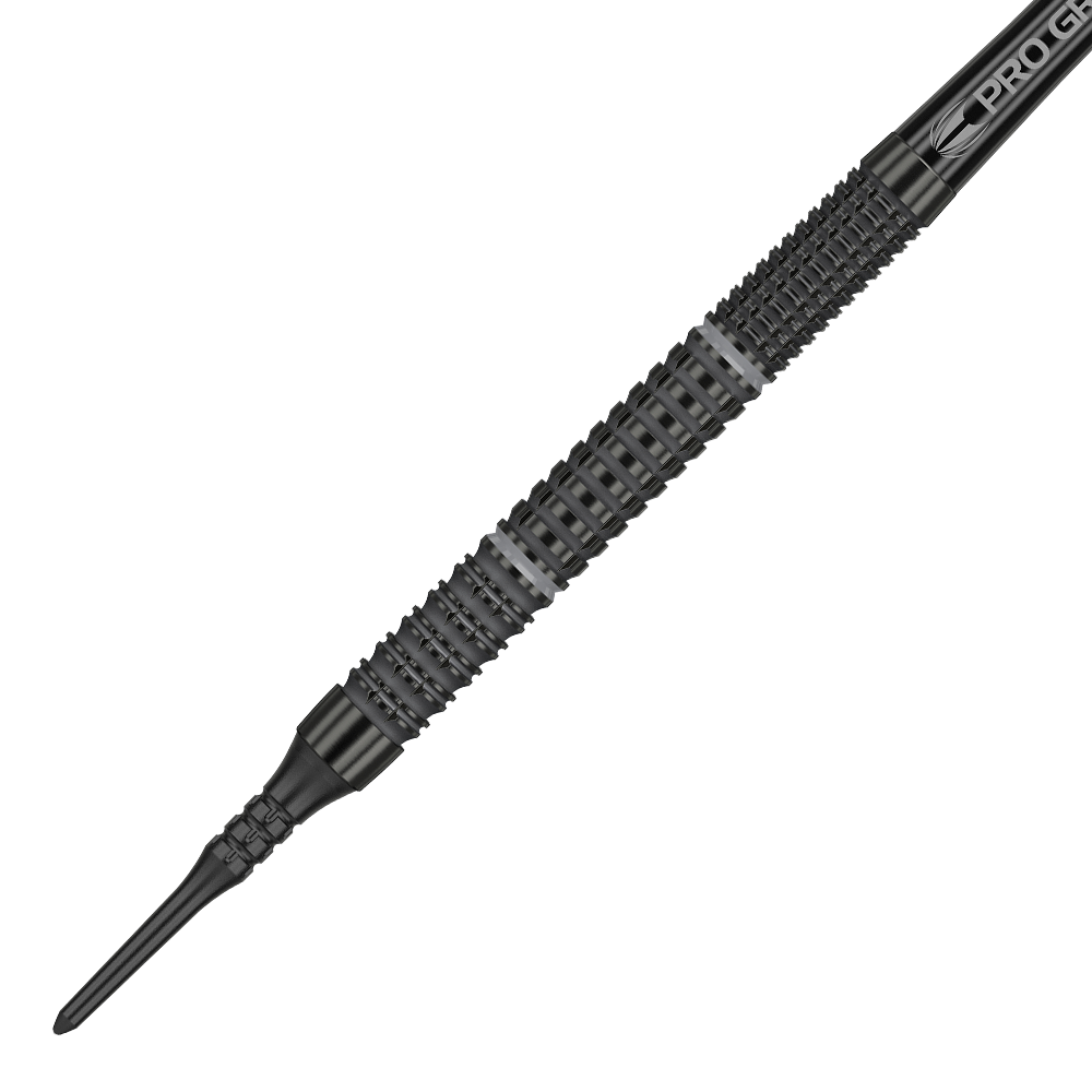 210058_Target_Echo_11_Softdarts_2 Das Bild zeigt einen Target Echo 11 Softdart mit schwarzem, strukturiertem Griff. Die Spitze ist ebenfalls schwarz und aus Kunststoff gefertigt.