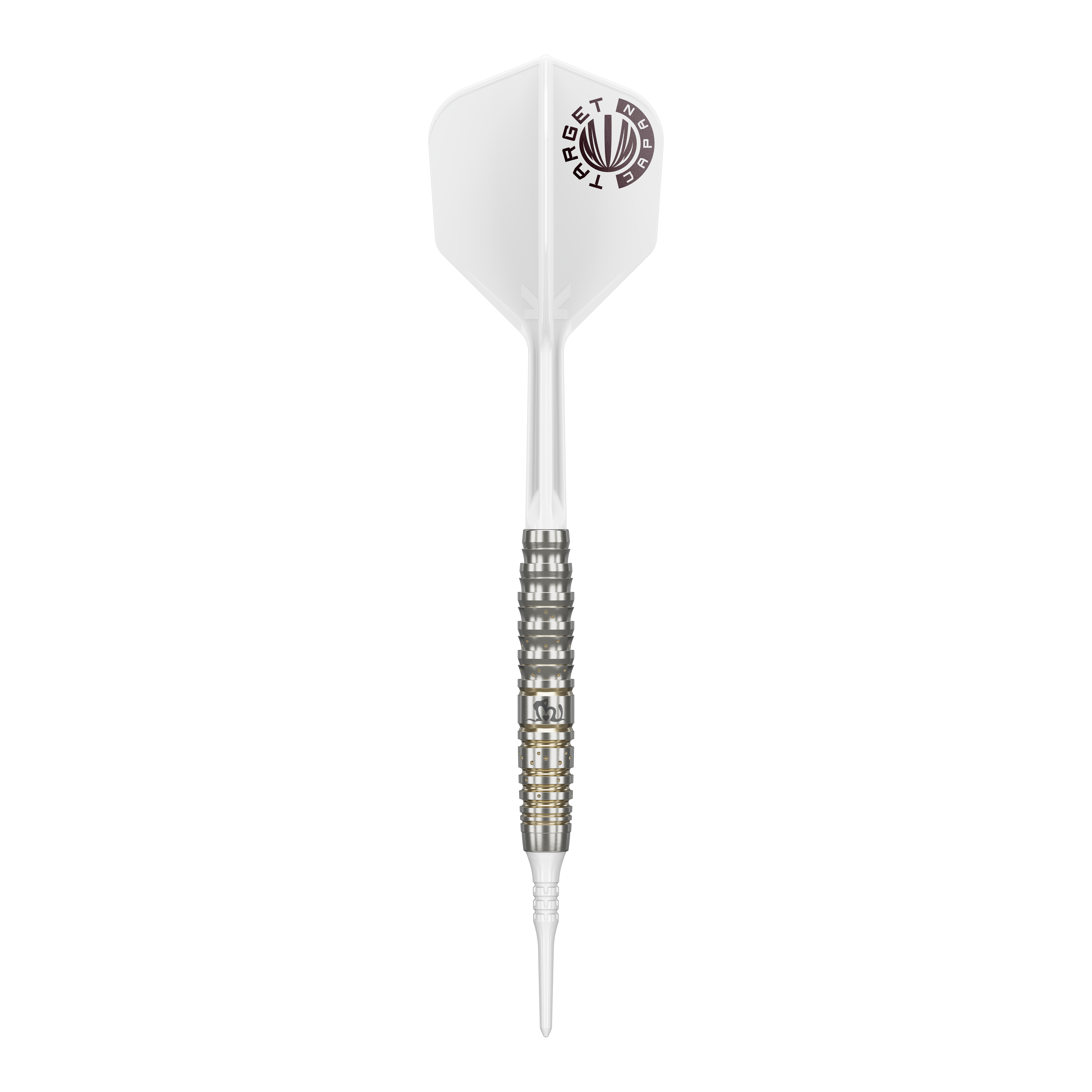 Das Bild zeigt einen Softdart der Serie "Target Japan Prime Series Mayujo Morita GEN6" mit einem Gewicht von 18g. Der Dart hat eine weiße Flight mit Logo und einen silberfarbenen, fein gerillten Barrel.