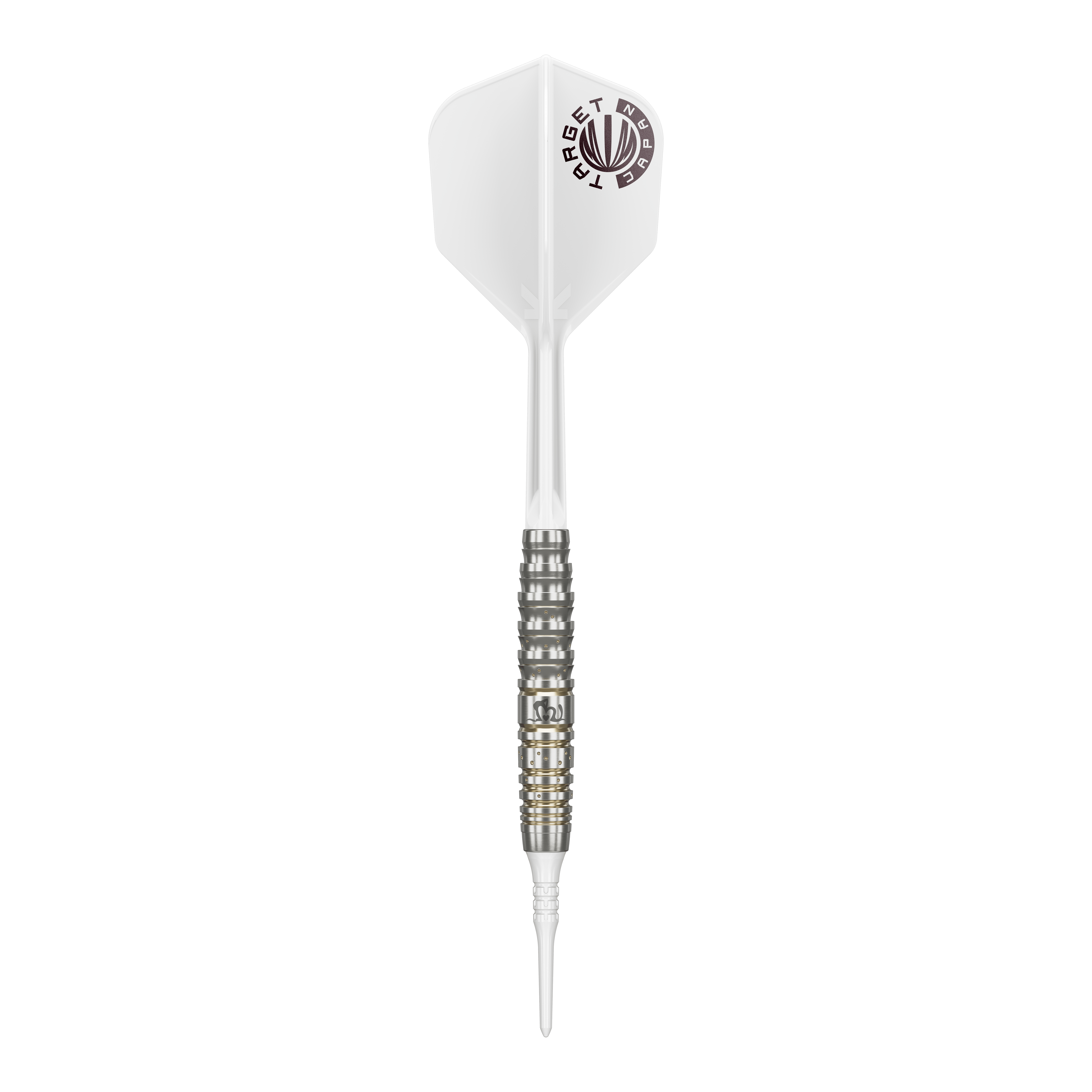 Target Japan Prime Series Mayujo Morita GEN6 Soft Darts - 18g Das Bild zeigt einen Softdart der Serie "Target Japan Prime Series Mayujo Morita GEN6" mit einem Gewicht von 18g. Der Dart hat eine weiße Flight mit Logo und einen silberfarbenen, fein gerillten Barrel.