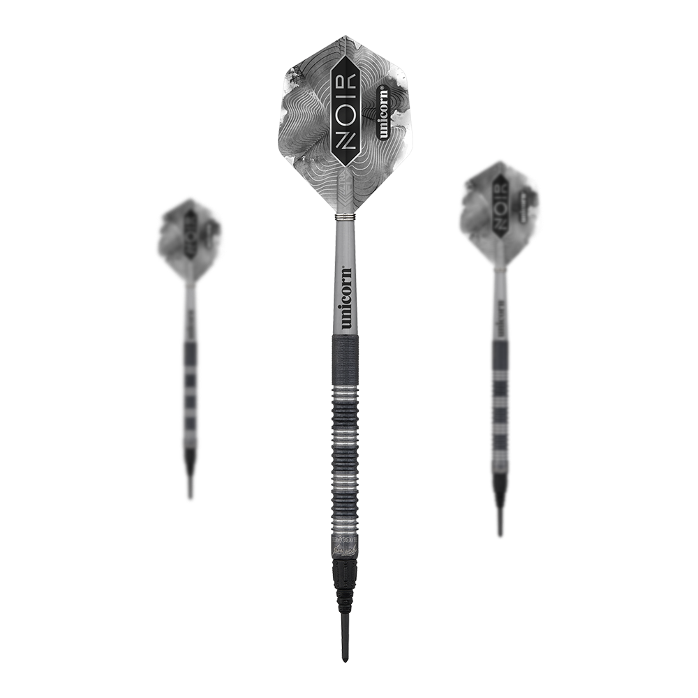 Auf dem Bild sind drei elektronische Softdarts zu sehen. Die Dartpfeile sind mit schwarz-silbernen Flights und der Aufschrift "NOIR" und "unicorn" versehen.