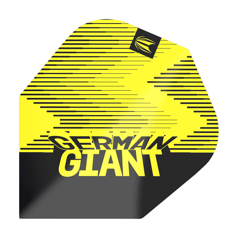 TG35_336200_Target_ProUltra_Gabriel_Clemens_Brass_No6_Yellow_Flights_1ex57IXJTuDvmF Das Bild zeigt ein gelbes Dartflight mit schwarzen Streifen und dem Text "GERMAN GIANT". In der oberen Ecke ist ein kleines Logo abgebildet.
