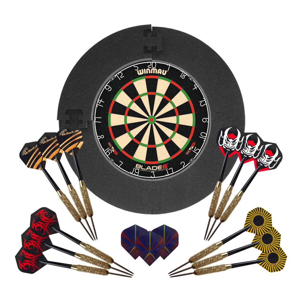 Winmau Blade 6 Bundle with 12 McDart steel darts and catch ring Hier ist das Winmau Blade 6 Bundle mit 12 McDart Steeldarts und schwarzem Catchring zu sehen. Das Set eignet sich für Dartsport-Fans.