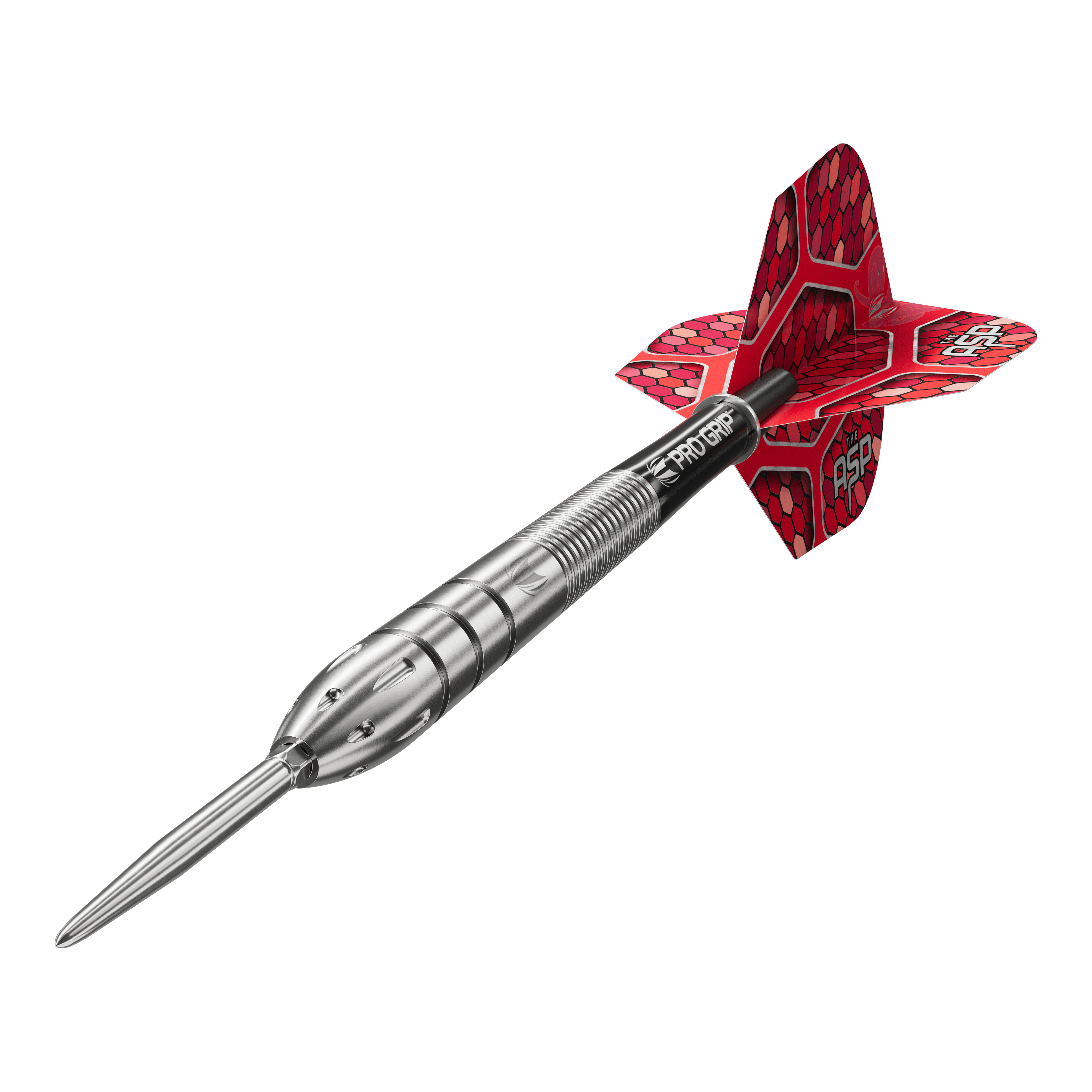 Target Nathan Aspinall GEN1 Swiss Point steel darts Auf dem Bild ist ein Target Nathan Aspinall GEN1 Swiss Point Steeldart zu sehen. Der Dartpfeil hat einen silbernen Schaft und rote Flights mit Wabenmuster.
