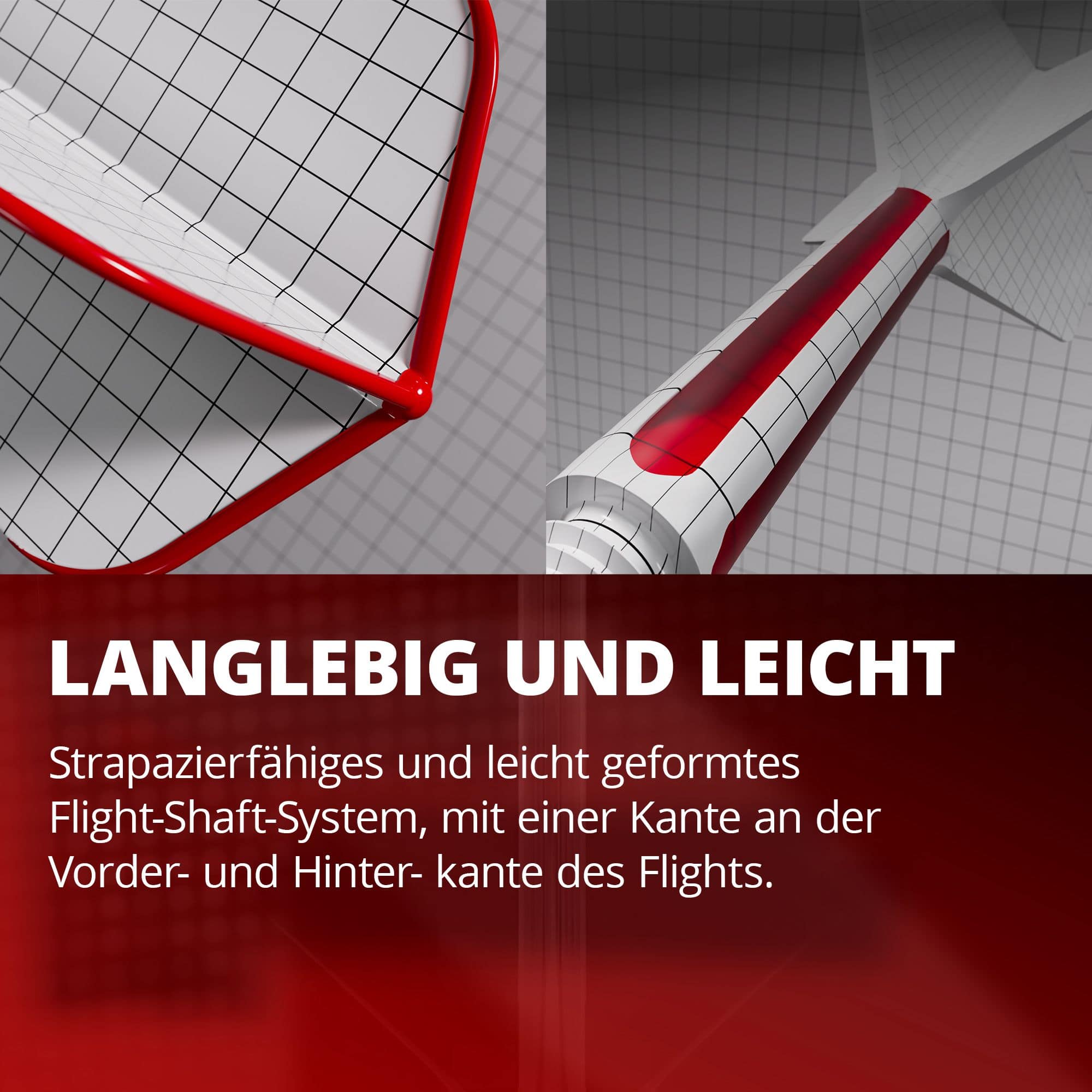 Target K-Flex Dimitri Van Den Bergh No2 Standard Flight Shaft System Das Bild zeigt ein langlebiges und leichtes Flight-Shaft-System mit rotem Rand und Gittermuster. Es betont die strapazierfähige und leichte Bauweise mit speziellen Kanten am vorderen und hinteren Bereich des Flights.