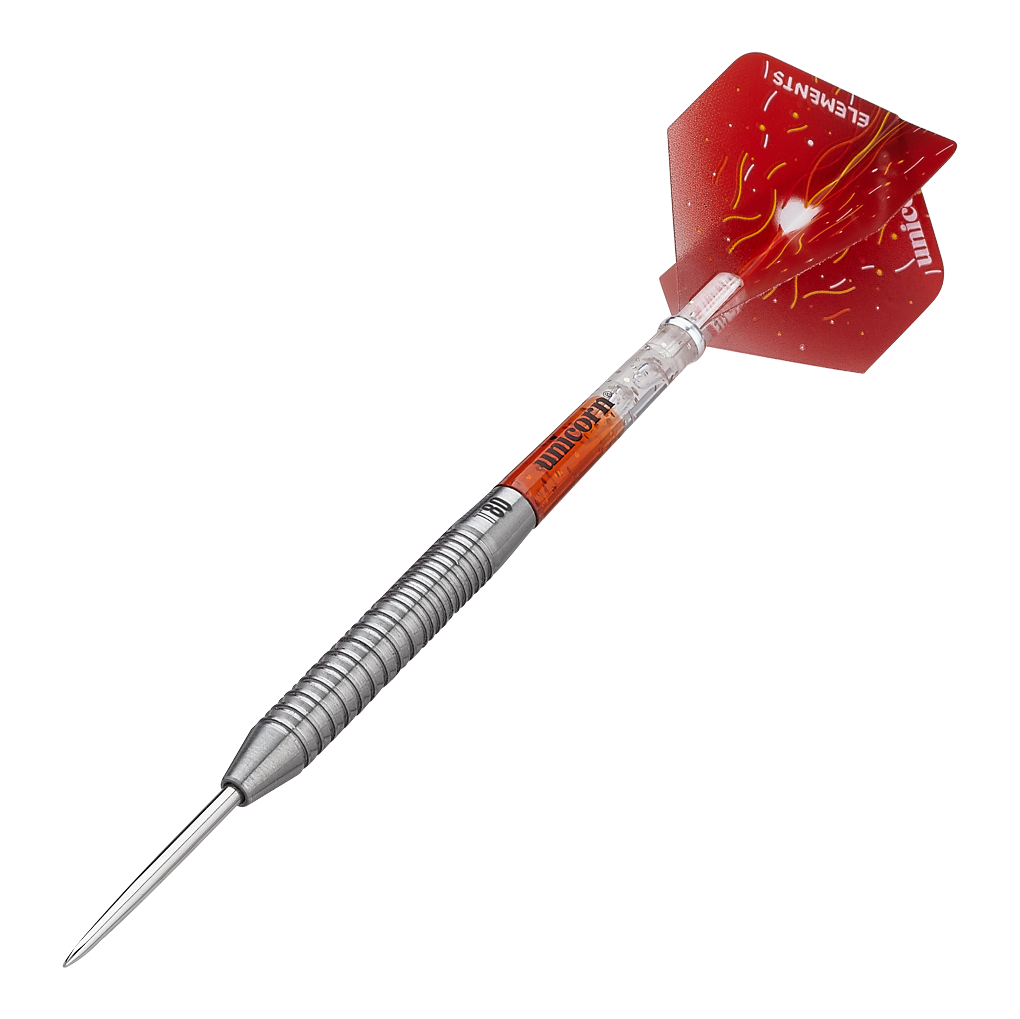 Das Bild zeigt einen Unicorn Core XL Striker Style 1 Steeldart mit 22g Gewicht. Der Dart hat einen silbernen, geriffelten Schaft und rote Flights mit einem Feuerdesign.