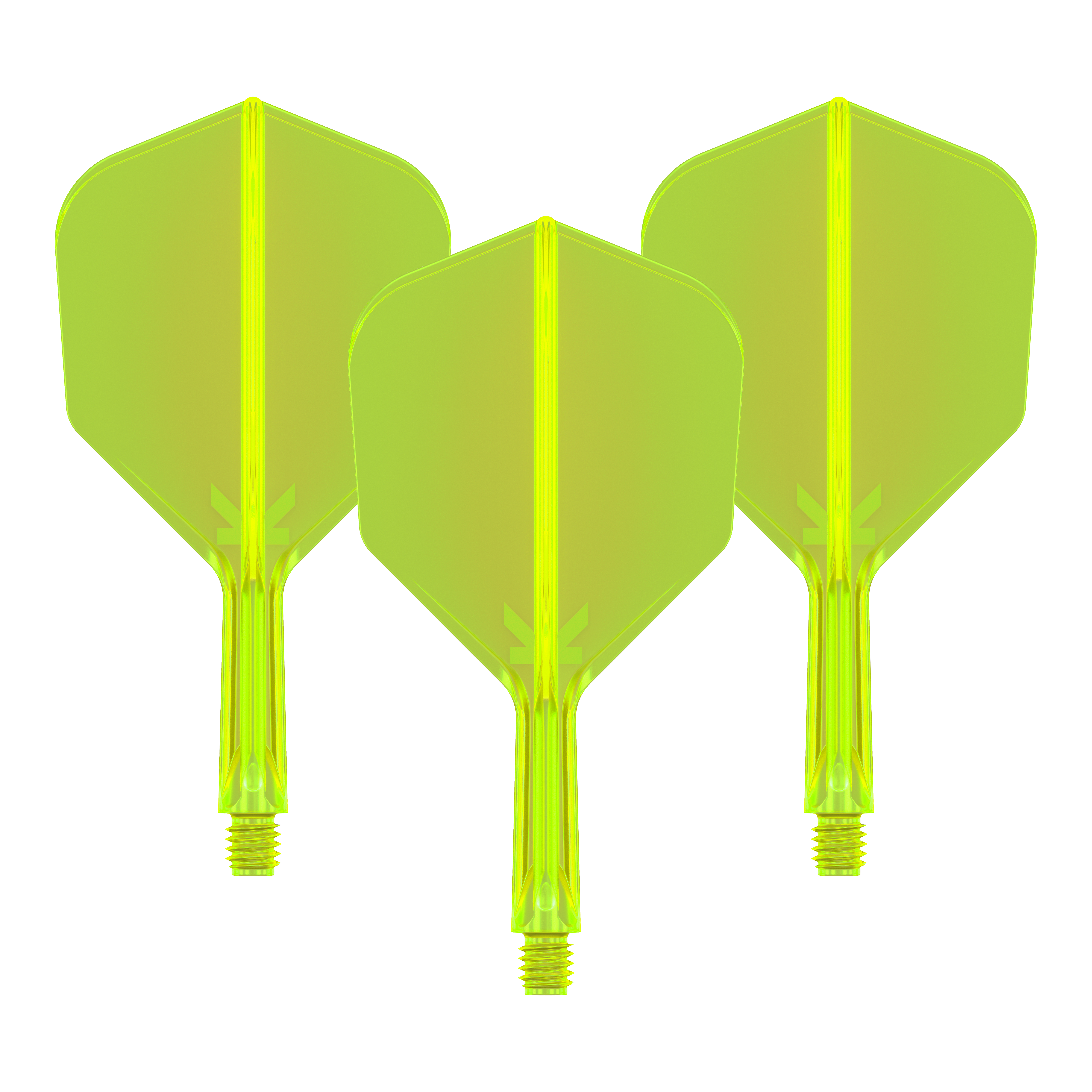 Target K-Flex No6 Flight System - Neon Yellow Das Bild zeigt drei neongelbe Dartflights mit integrierten Schäften. Sie sind nebeneinander angeordnet und auf schwarzem Hintergrund zu sehen.
