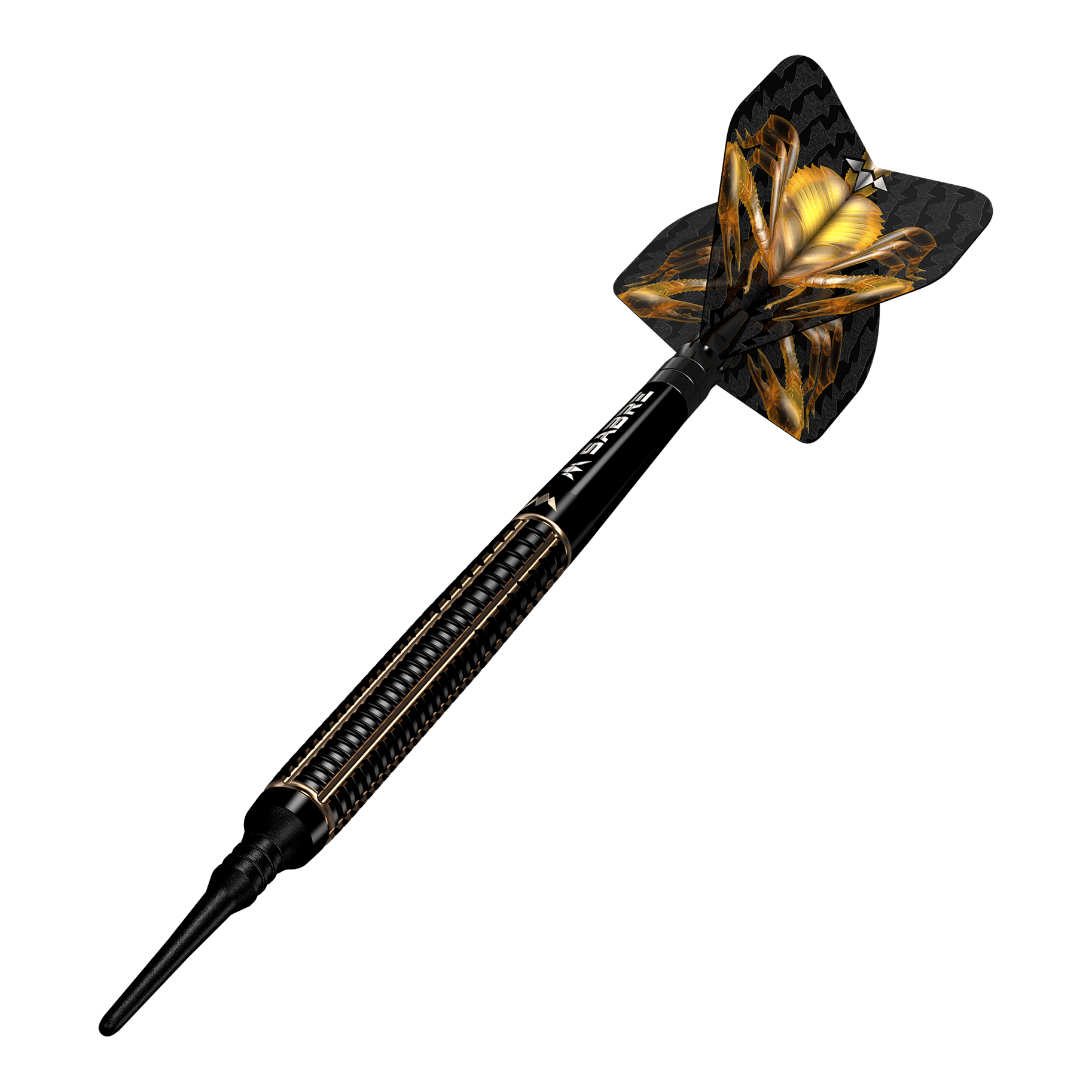 Mission Scorpion soft darts - 19g Das Bild zeigt einen Mission Scorpion Softdart mit einem Gewicht von 19 Gramm. Der Dartpfeil ist schwarz-gold gestaltet und hat ein auffälliges Flight-Design.